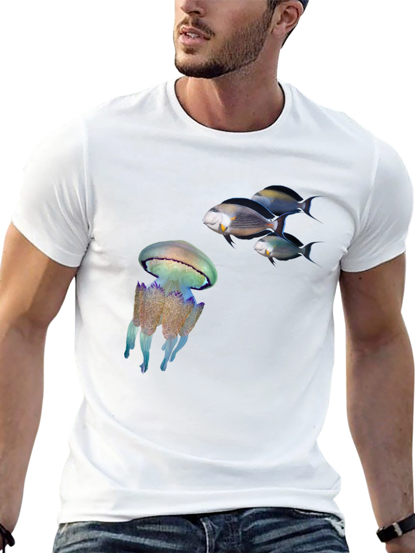 Ocean Life Black T-Shirt: Jellyfish & Fish