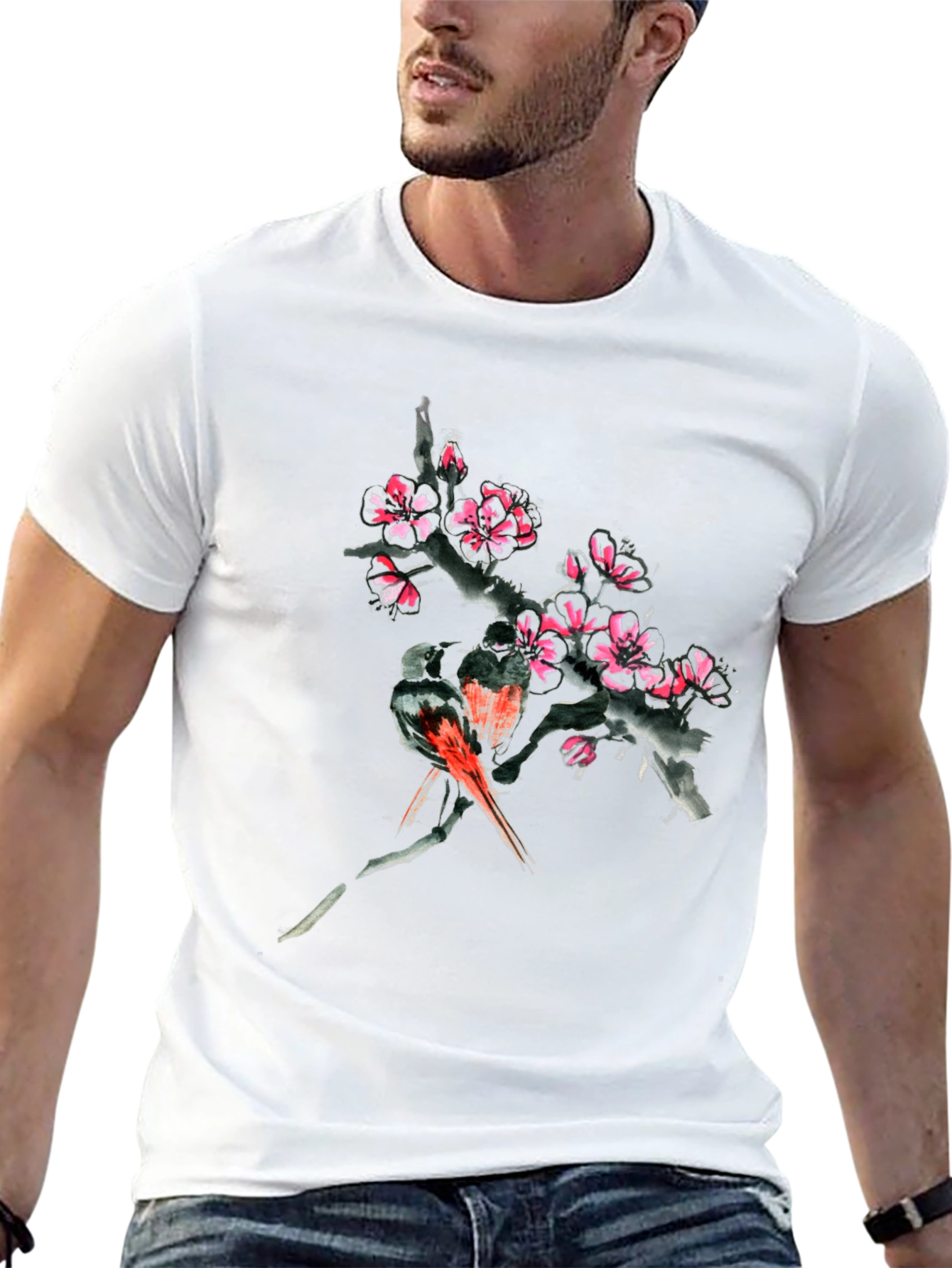Floral Bird Print Black T-Shirt