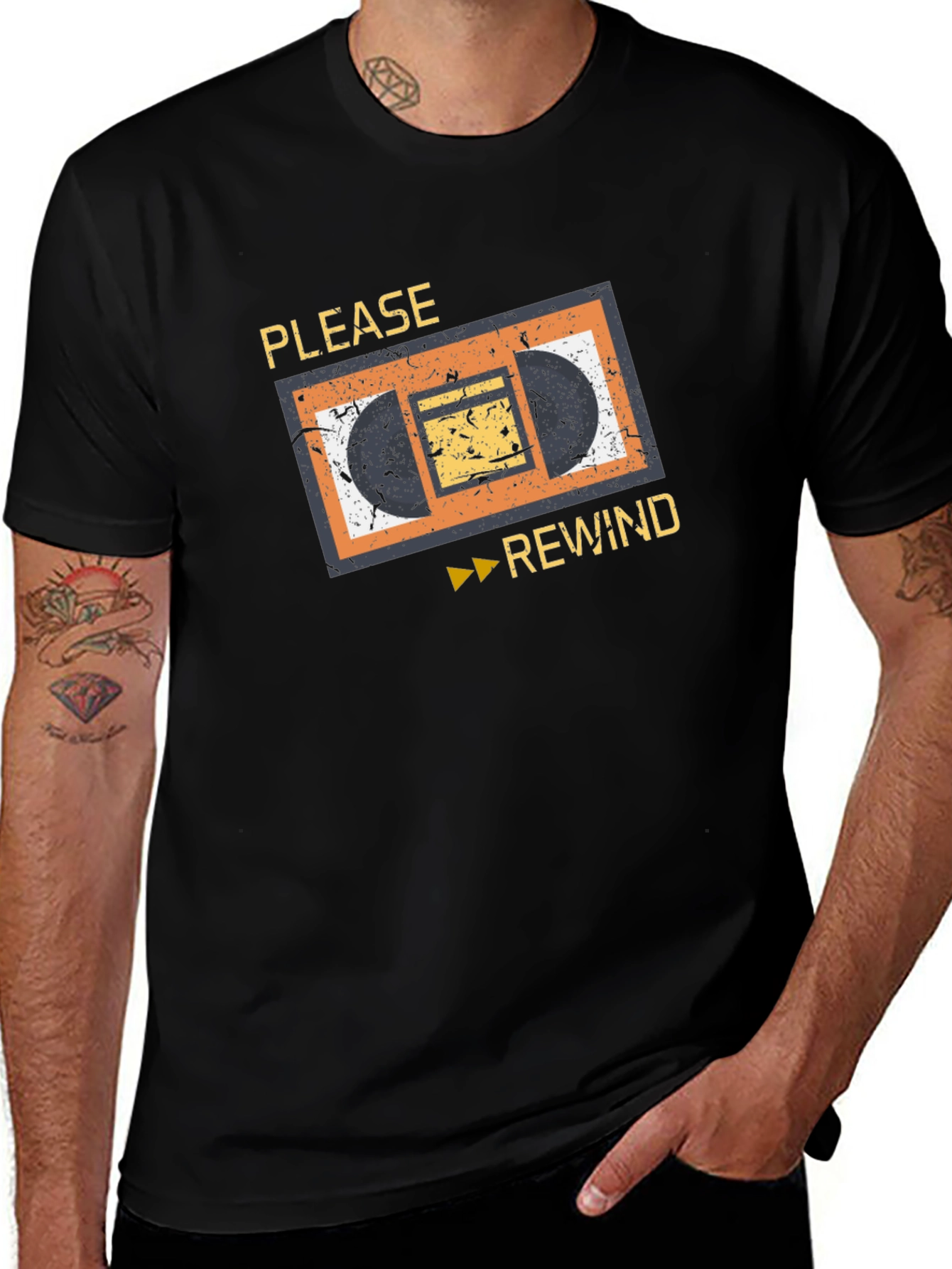 Retro VHS Rewind Graphic Tee - Black Cotton T-Shirt