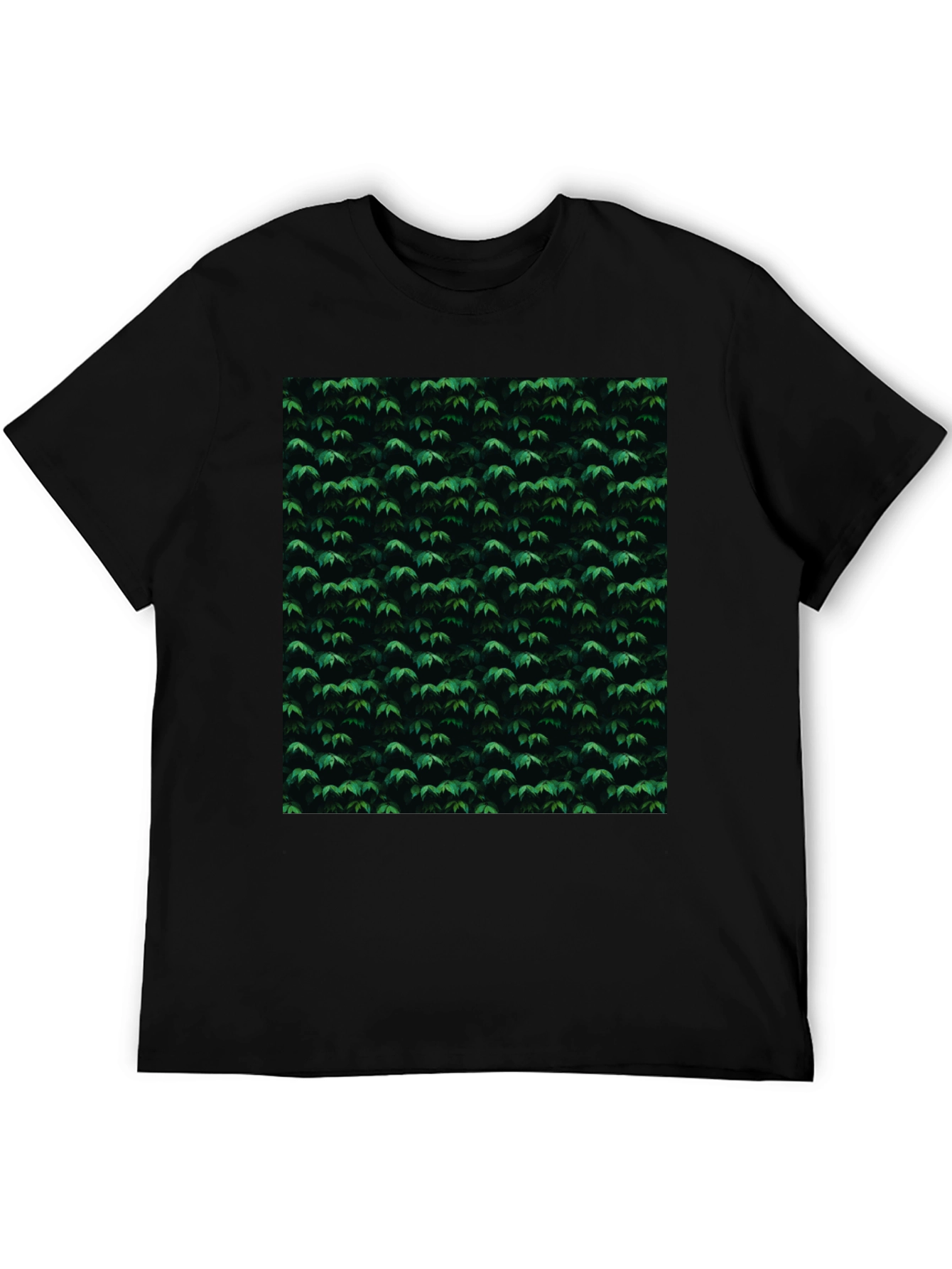 Stylish Black Tee with Green Leaf Pattern