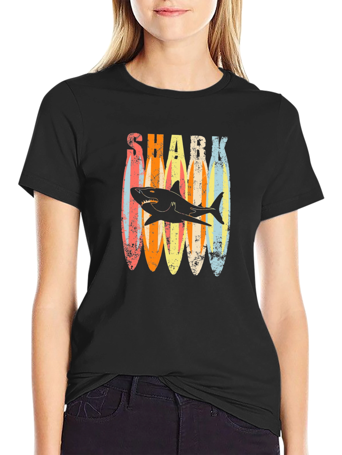 Retro Shark Surfboard T-Shirt - Casual Graphic Tee