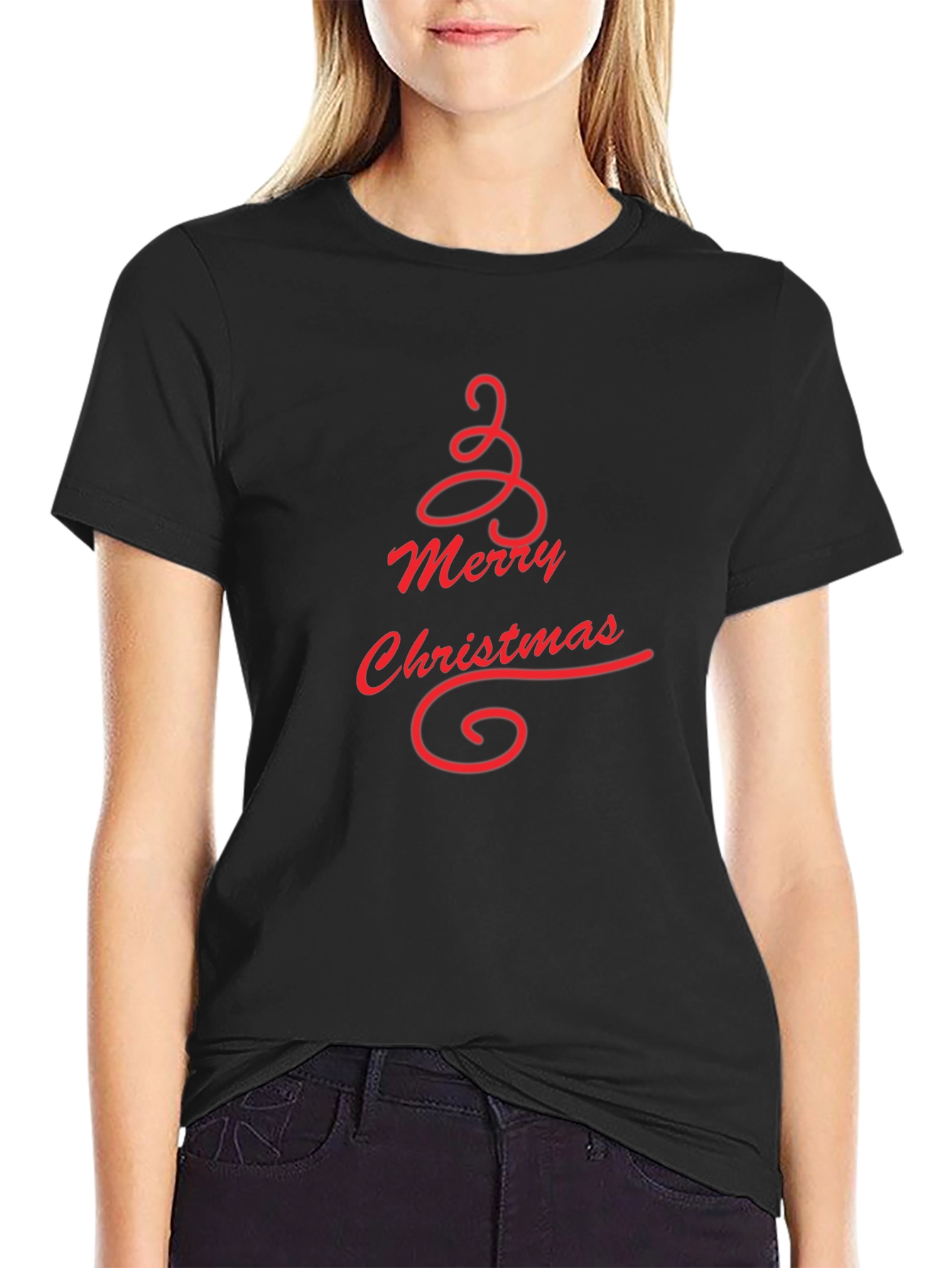 Merry Christmas Tree Graphic Tee - Black