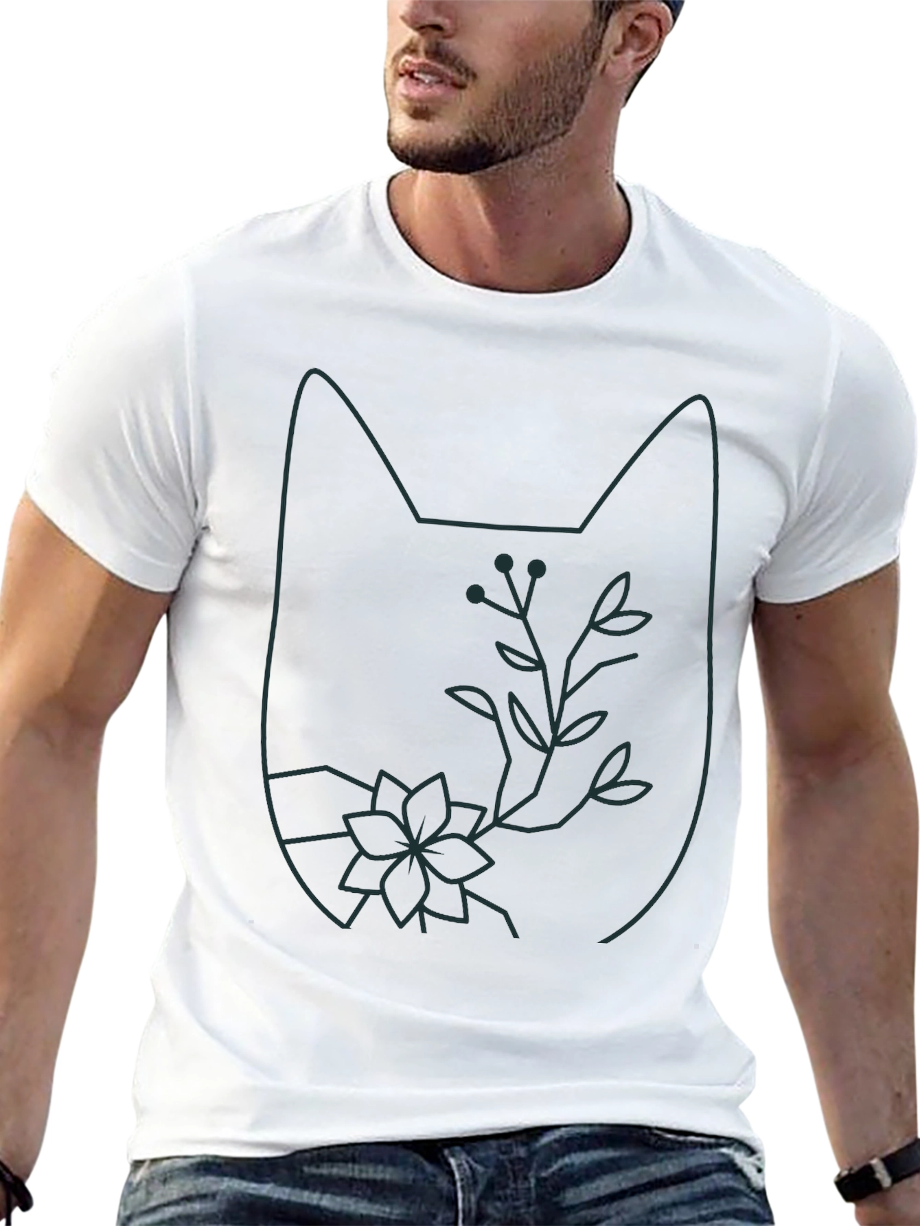 Cat Outline Floral T-Shirt - Unique Graphic Tee