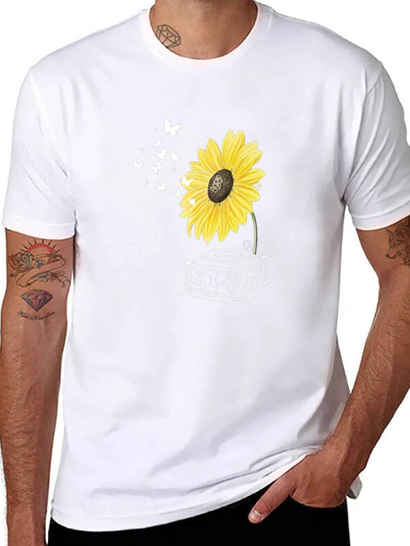 Sunflower Gramophone T-Shirt - Unique Floral Design