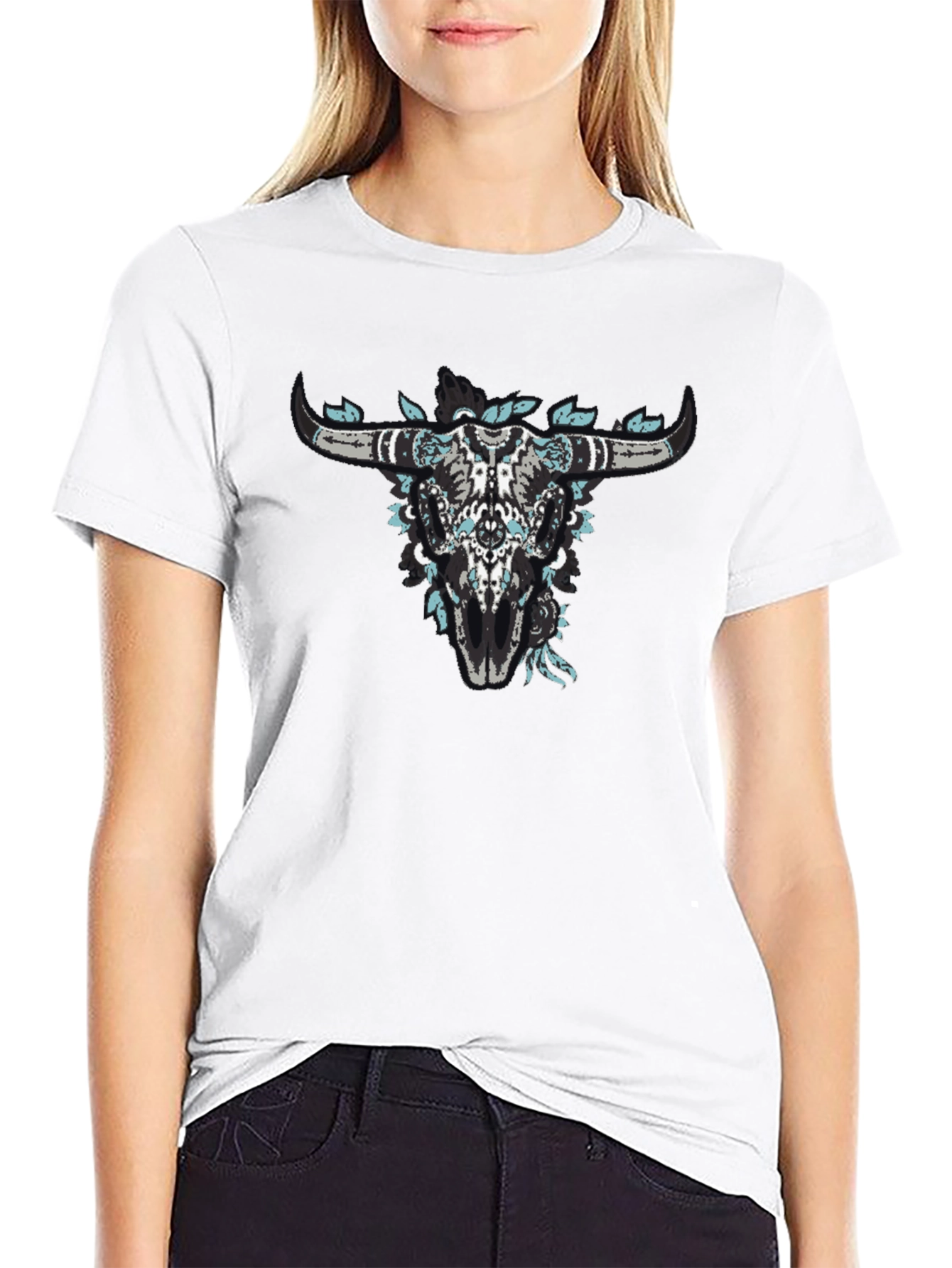 Floral Bull Skull Black Graphic Tee