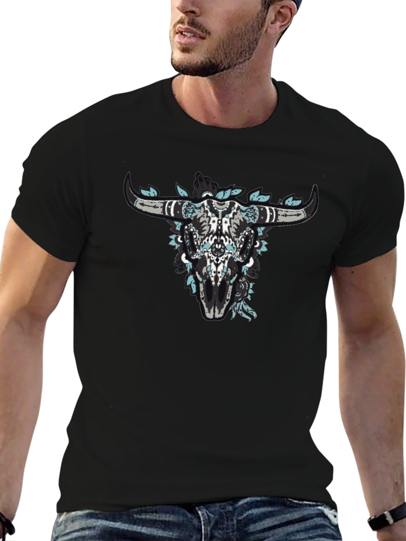 Floral Bull Skull Black Graphic Tee