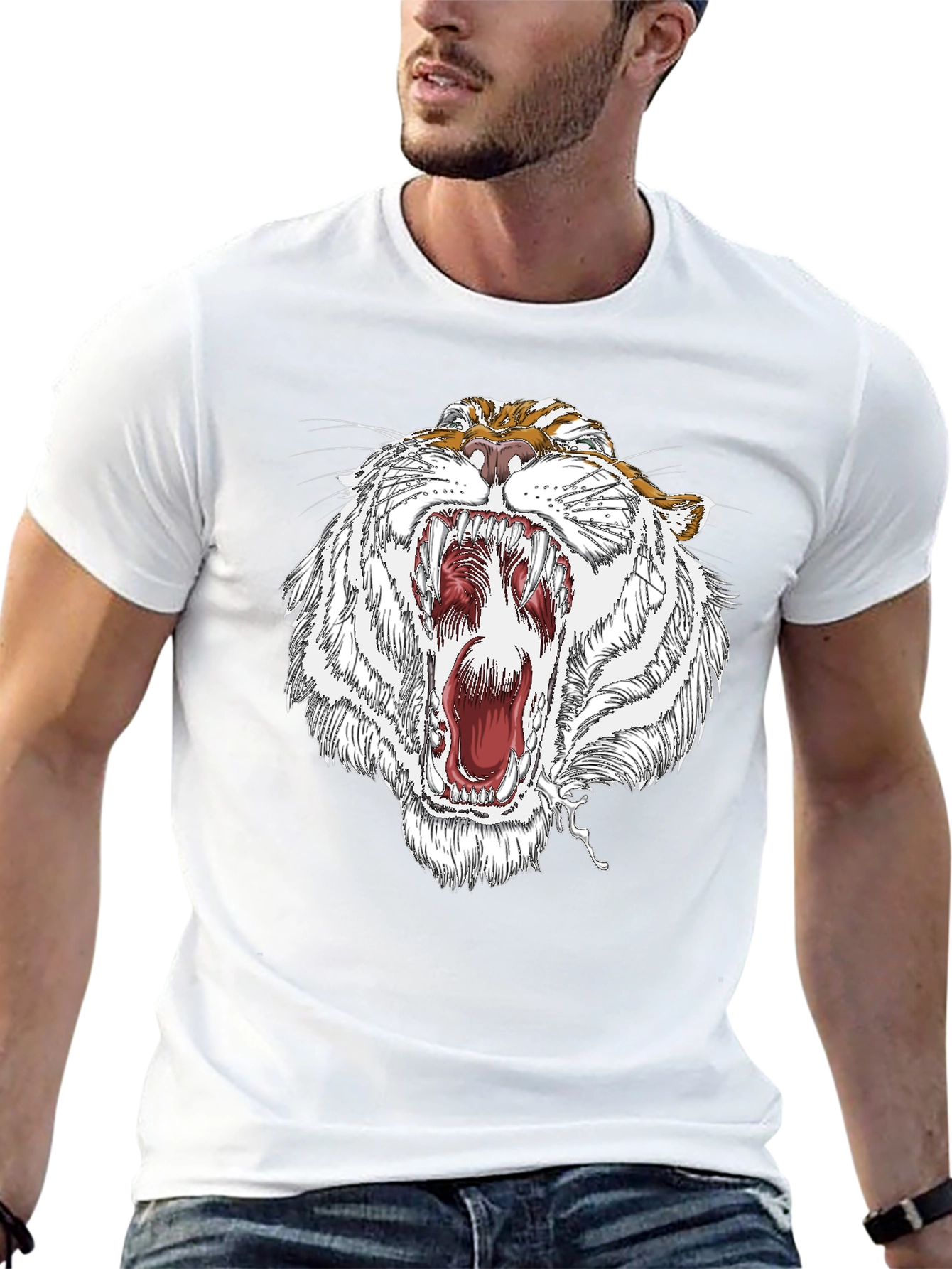 Roaring White Tiger Graphic Print Black T-Shirt