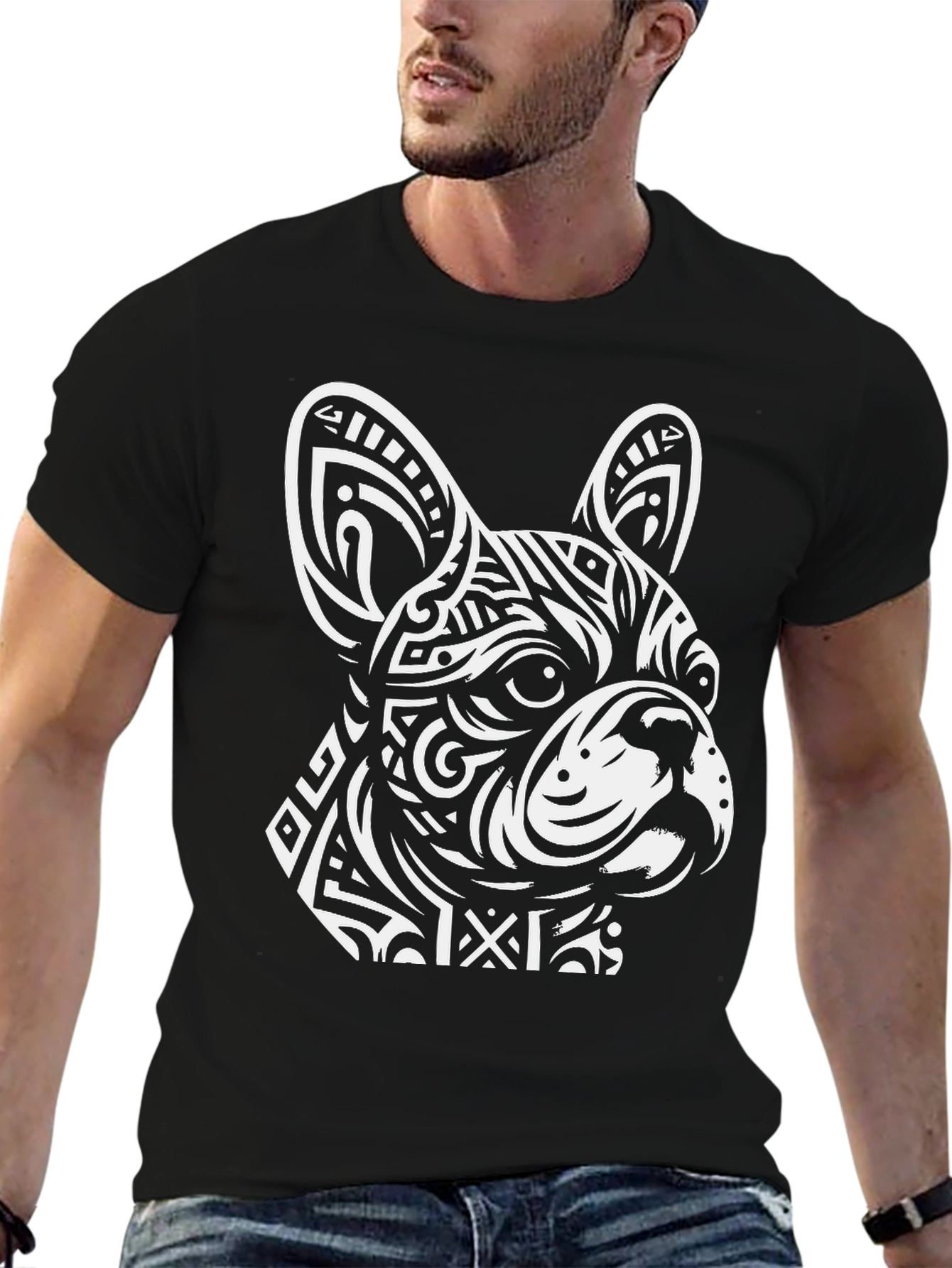Dog Head Graphic Tee - Black Crew Neck T-Shirt