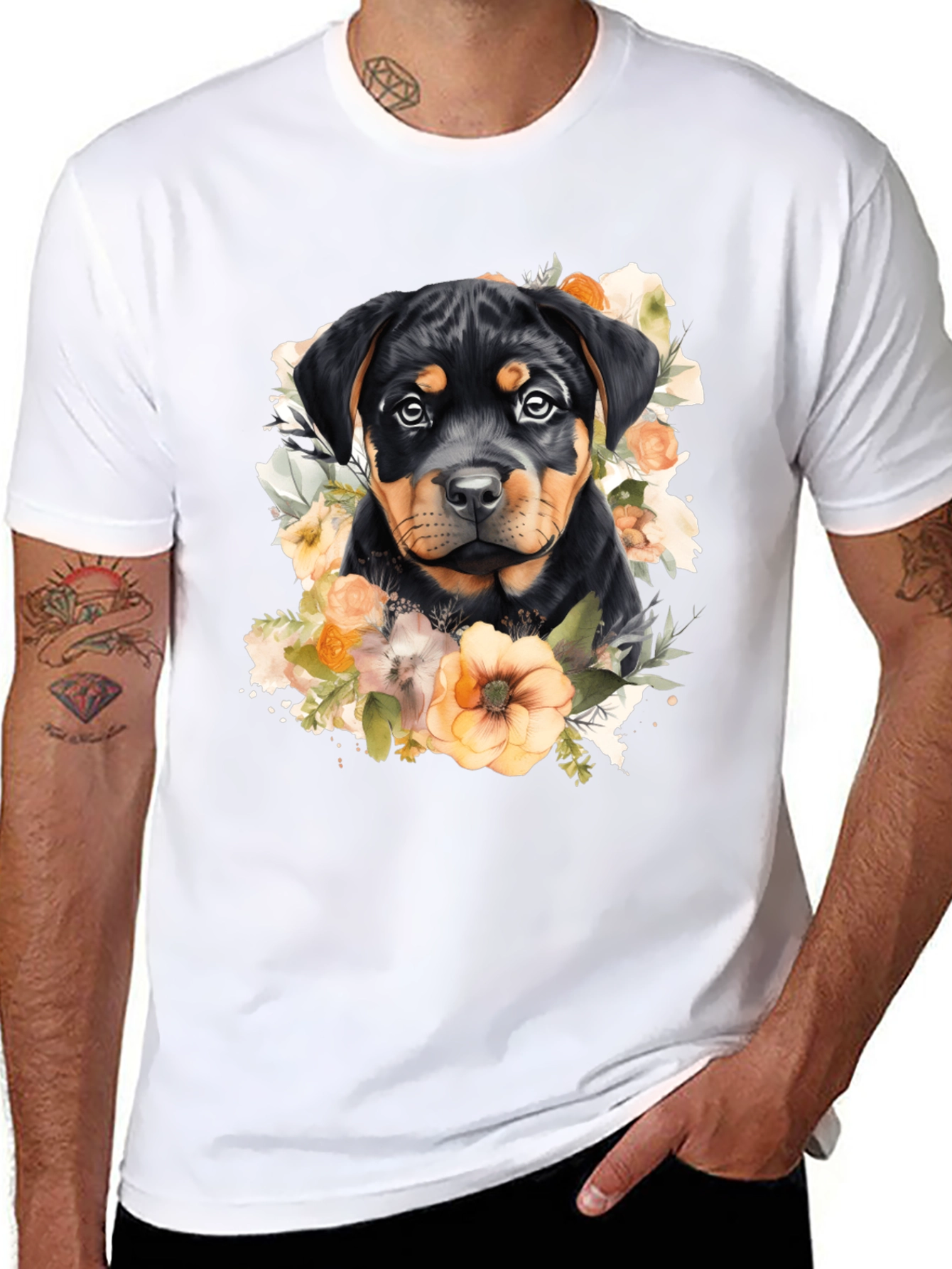Rottweiler Puppy Floral Black T-Shirt