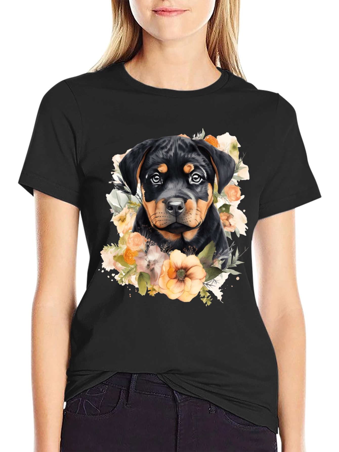 Rottweiler Puppy Floral Black T-Shirt