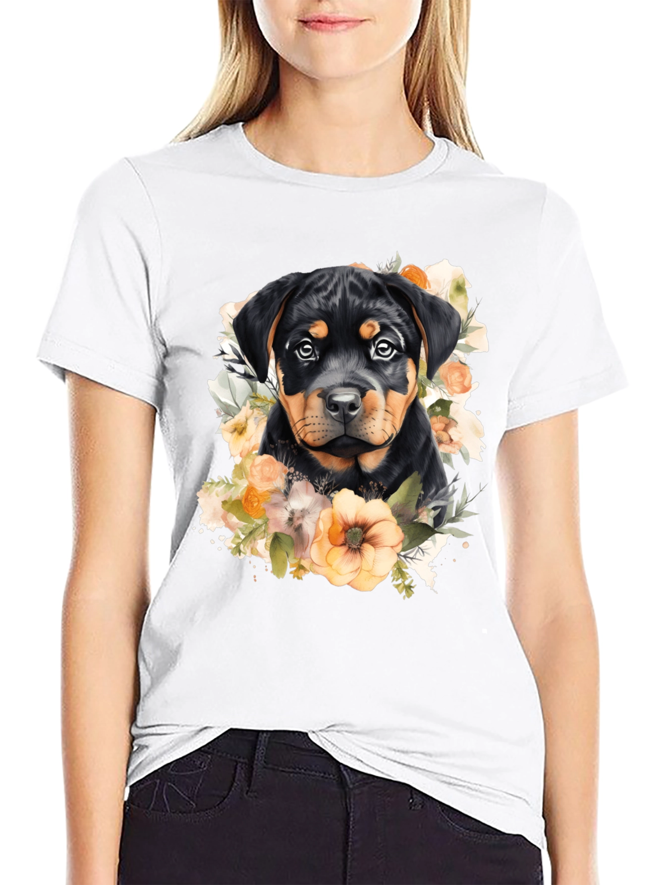 Rottweiler Puppy Floral Black T-Shirt