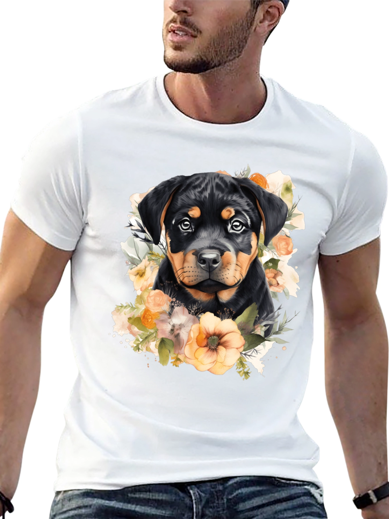 Rottweiler Puppy Floral Black T-Shirt