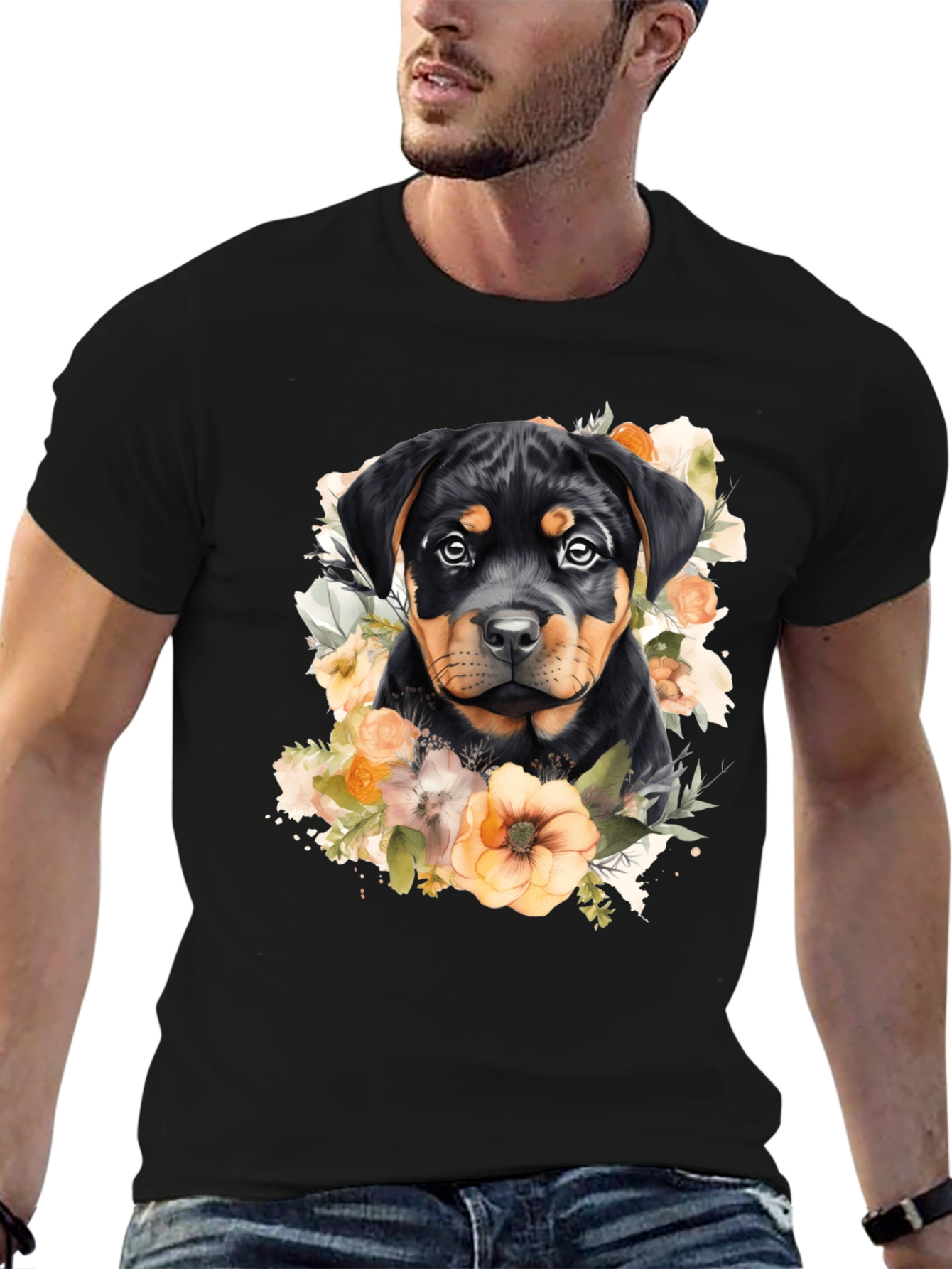 Rottweiler Puppy Floral Black T-Shirt