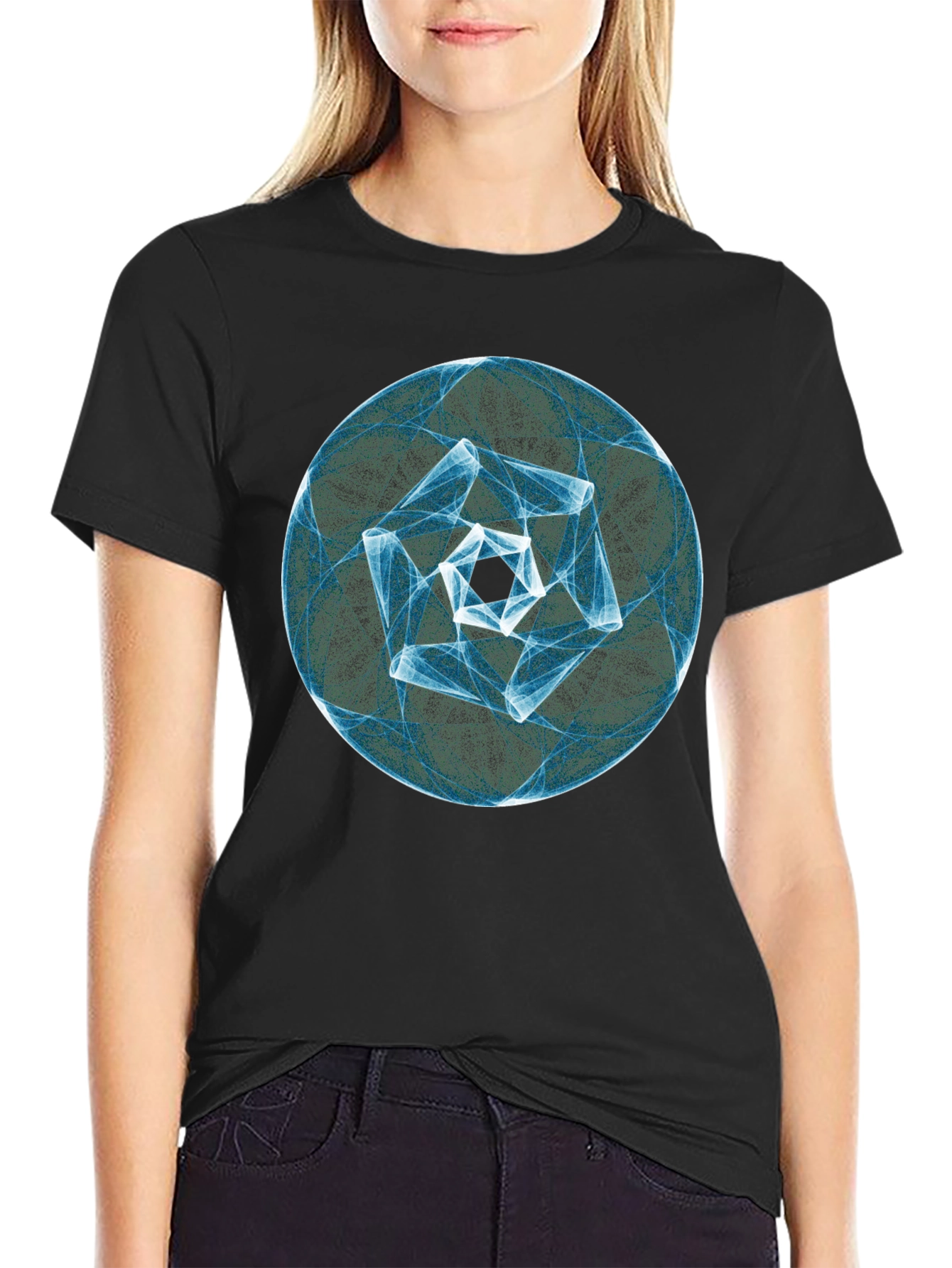 Abstract Geometric Circle Print Black T-Shirt