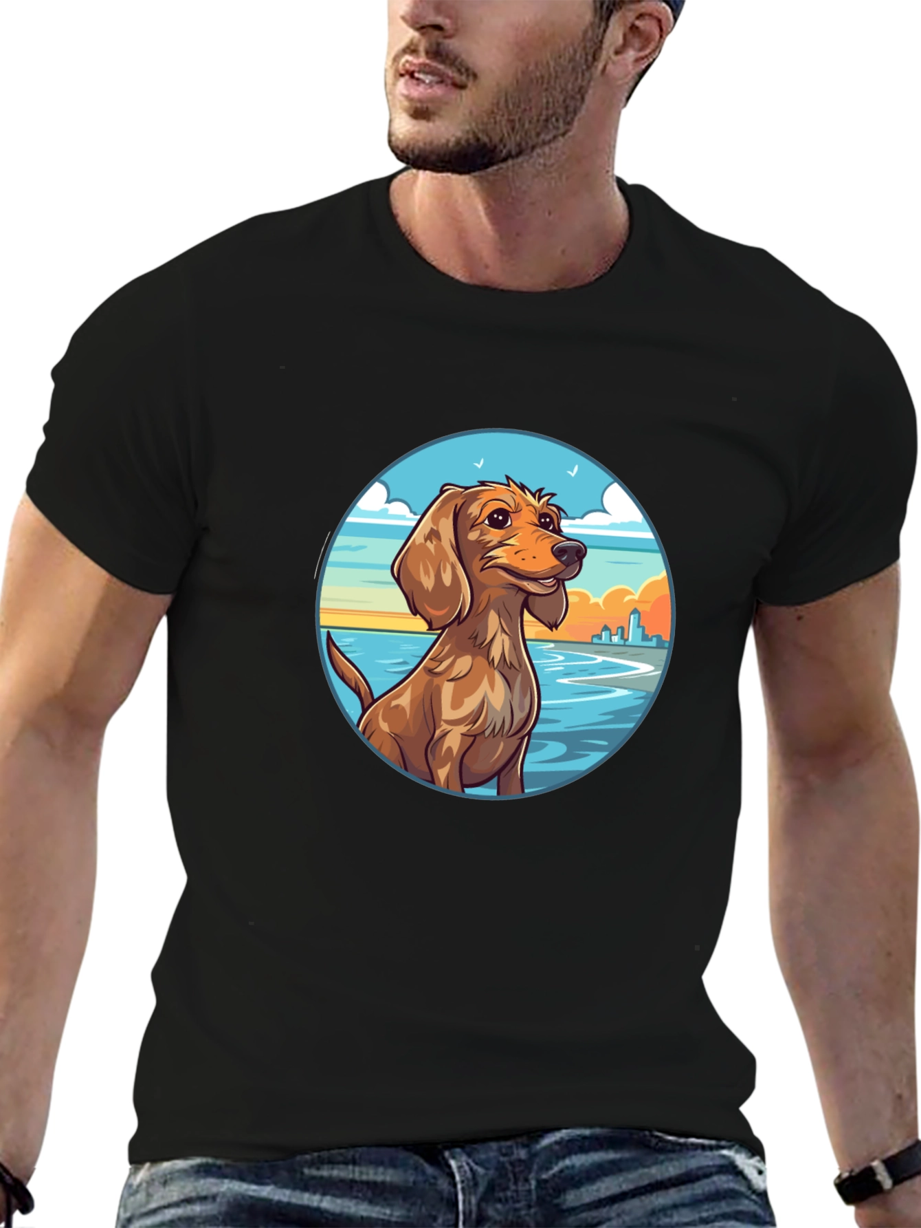 Dog Beach Scene Graphic Tee - Black Cotton T-Shirt