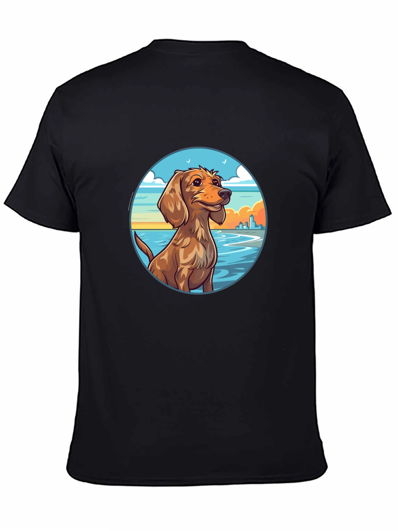 Dog Beach Scene Graphic Tee - Black Cotton T-Shirt