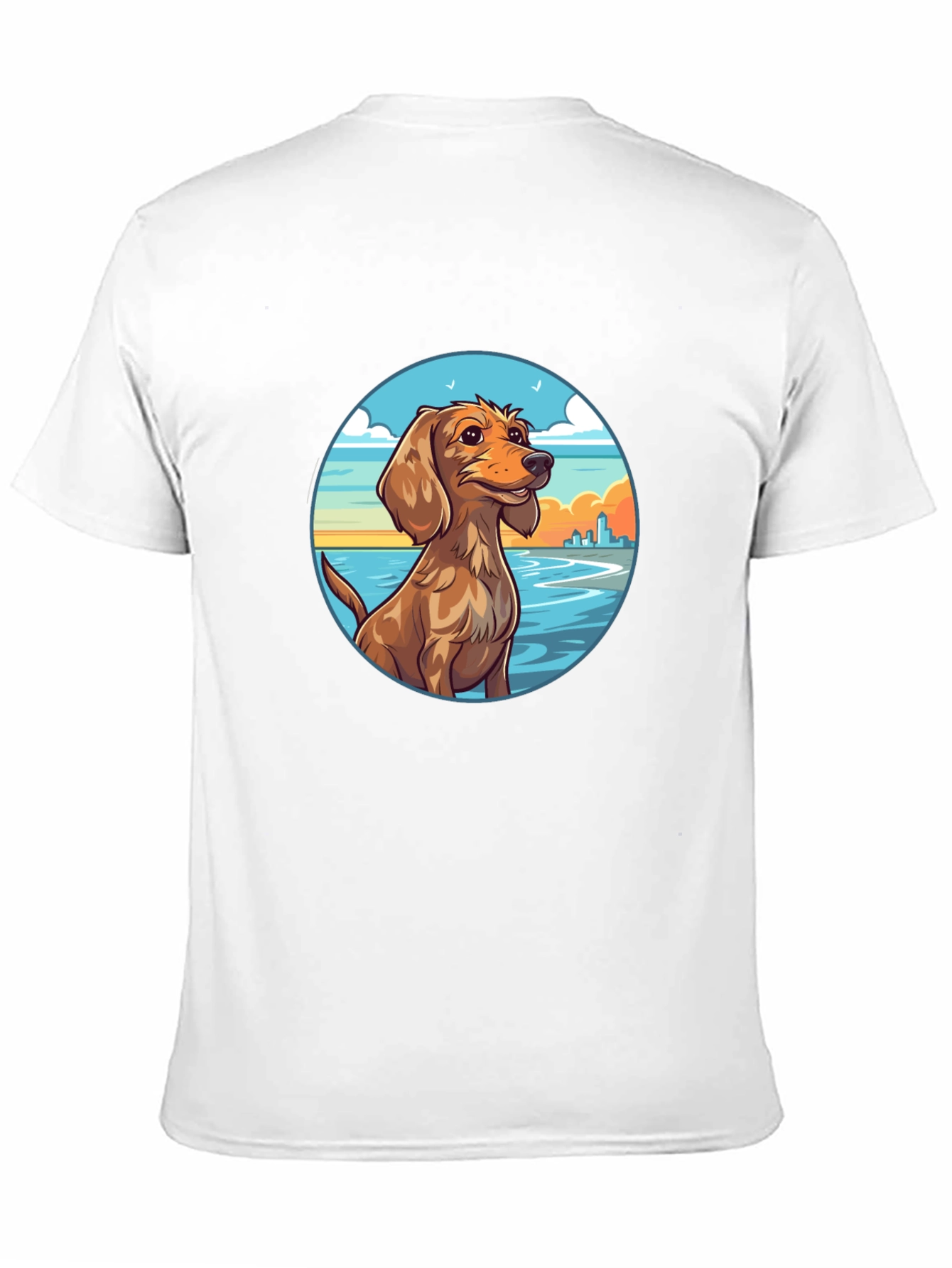 Dog Beach Scene Graphic Tee - Black Cotton T-Shirt