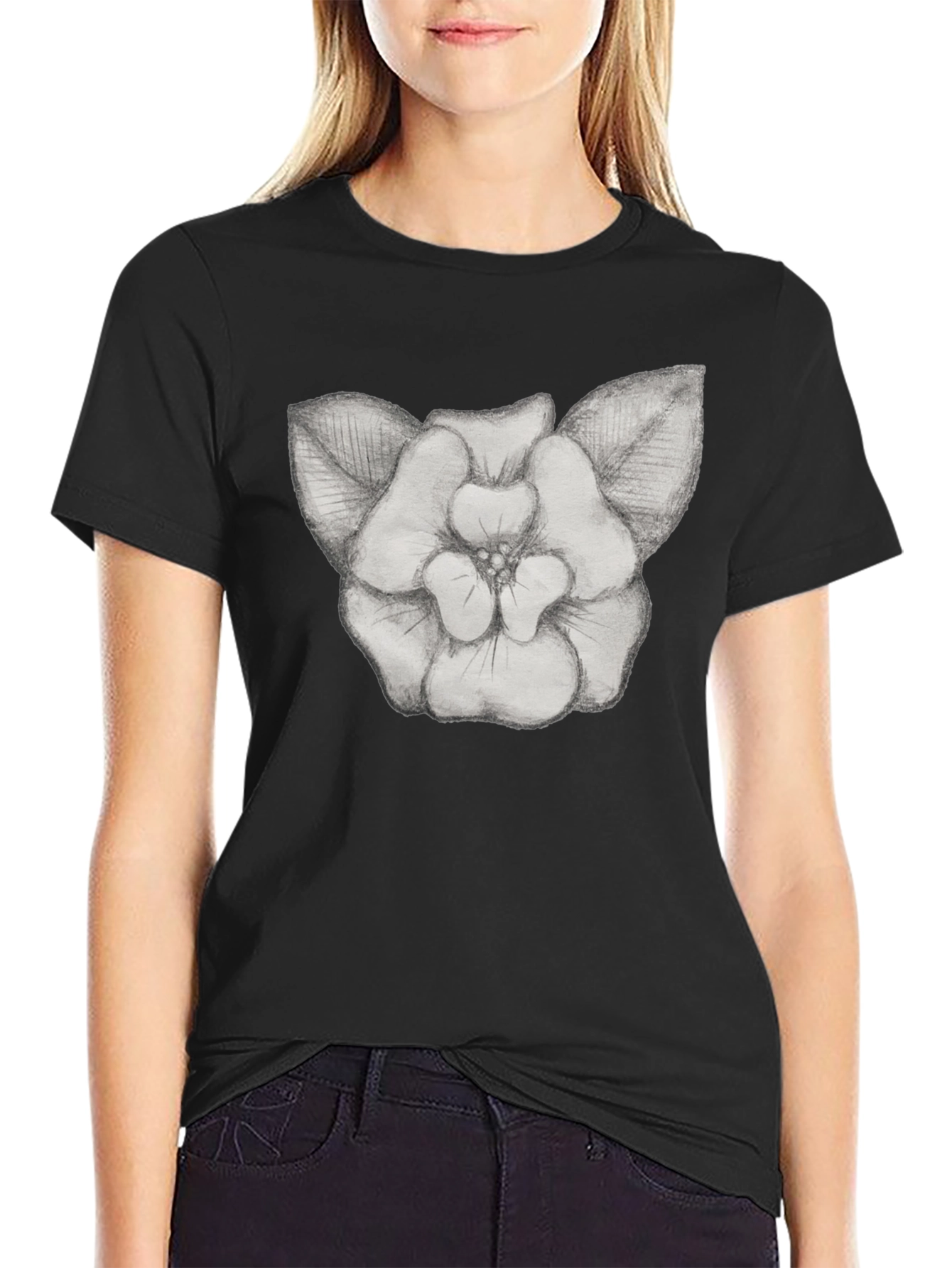 Floral Sketch Graphic Tee - Black Cotton T-Shirt