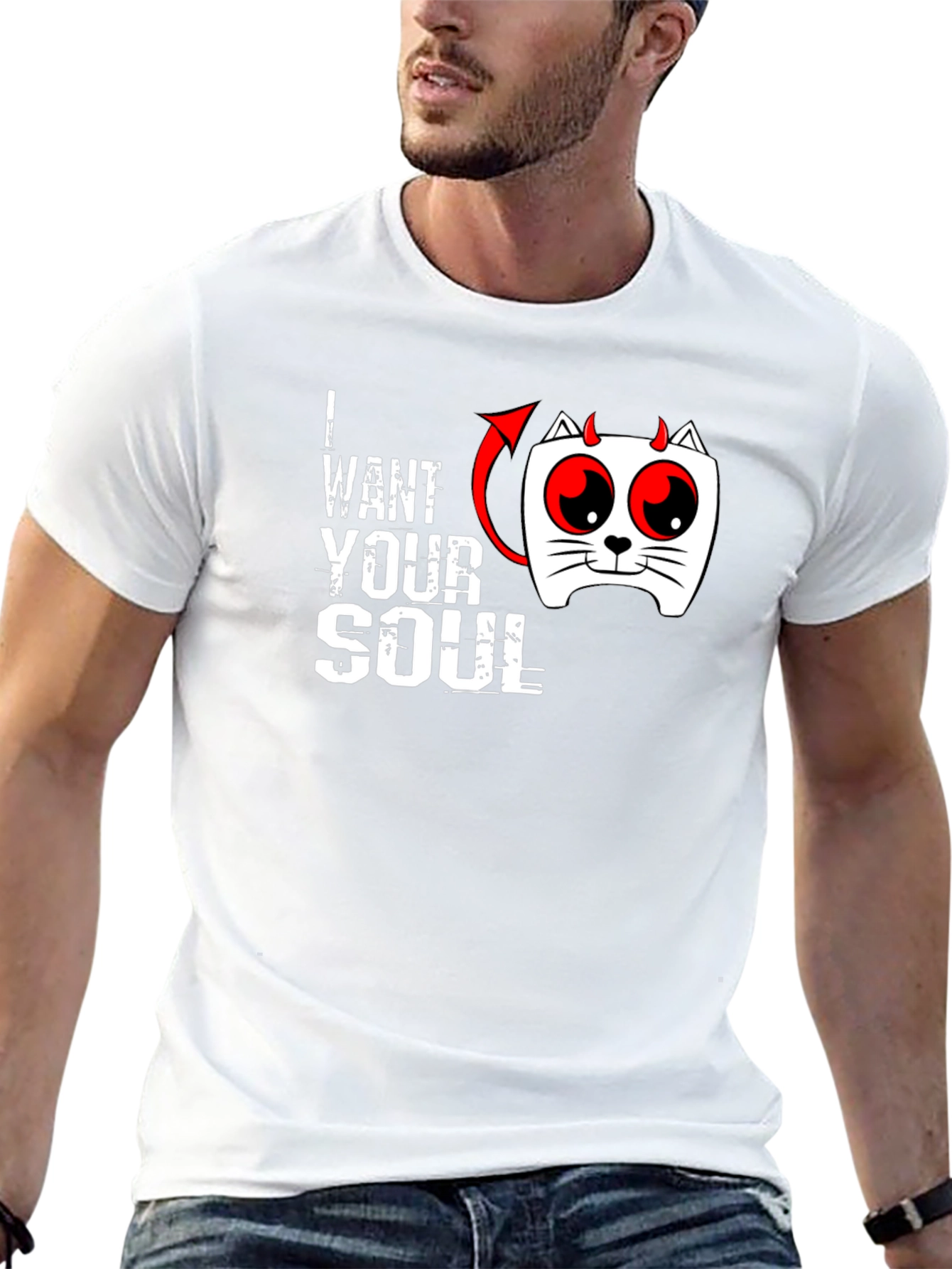 I Want Your Soul Cat Devil Graphic Black T-Shirt