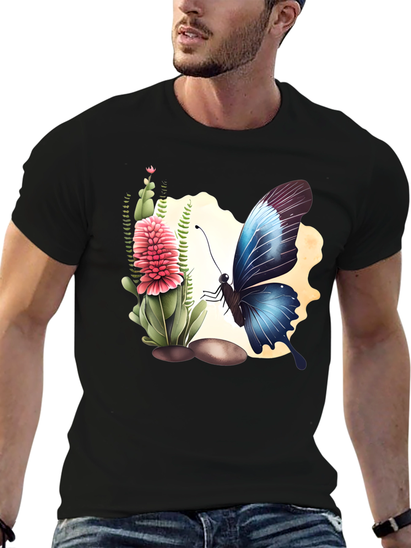 Butterfly & Flower Graphic Black T-Shirt