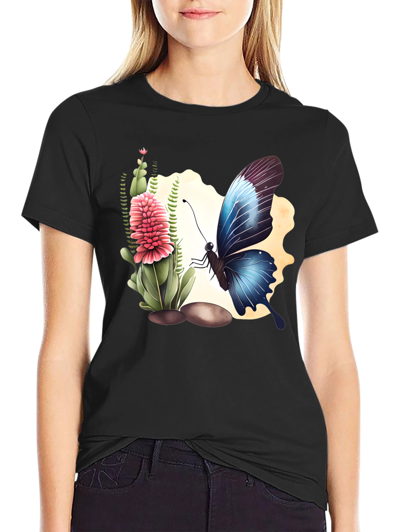Butterfly & Flower Graphic Black T-Shirt