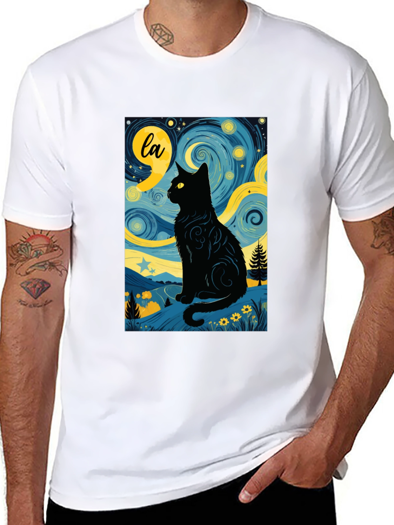 Starry Night Cat T-Shirt - Artistic Black Cat Design
