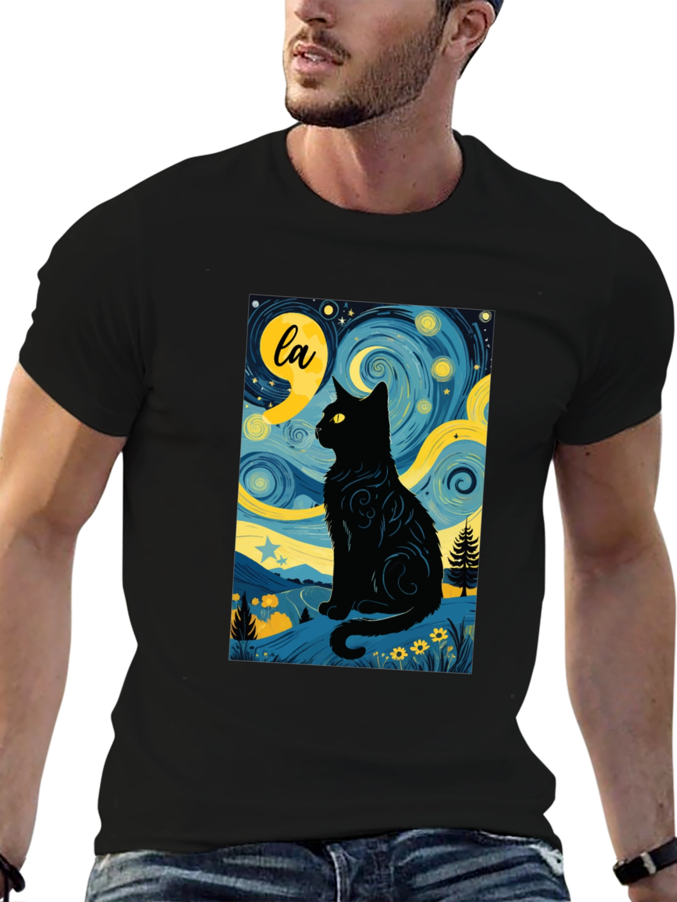 Starry Night Cat T-Shirt - Artistic Black Cat Design