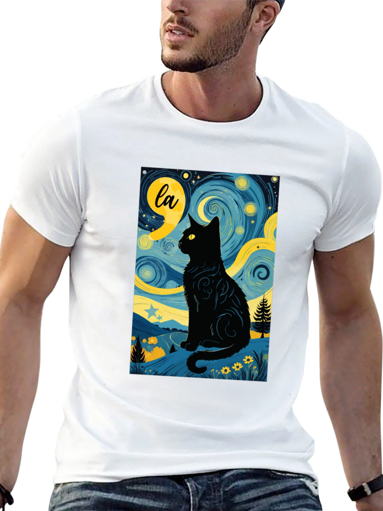Starry Night Cat T-Shirt - Artistic Black Cat Design