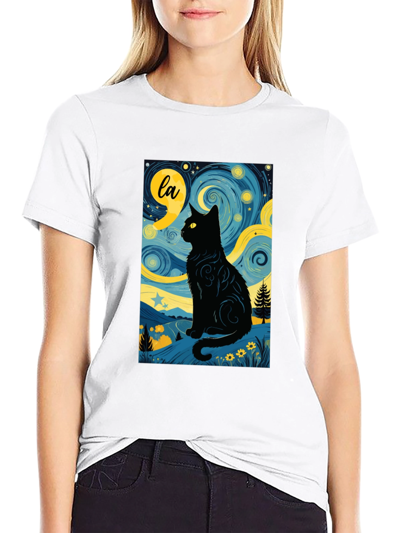 Starry Night Cat T-Shirt - Artistic Black Cat Design