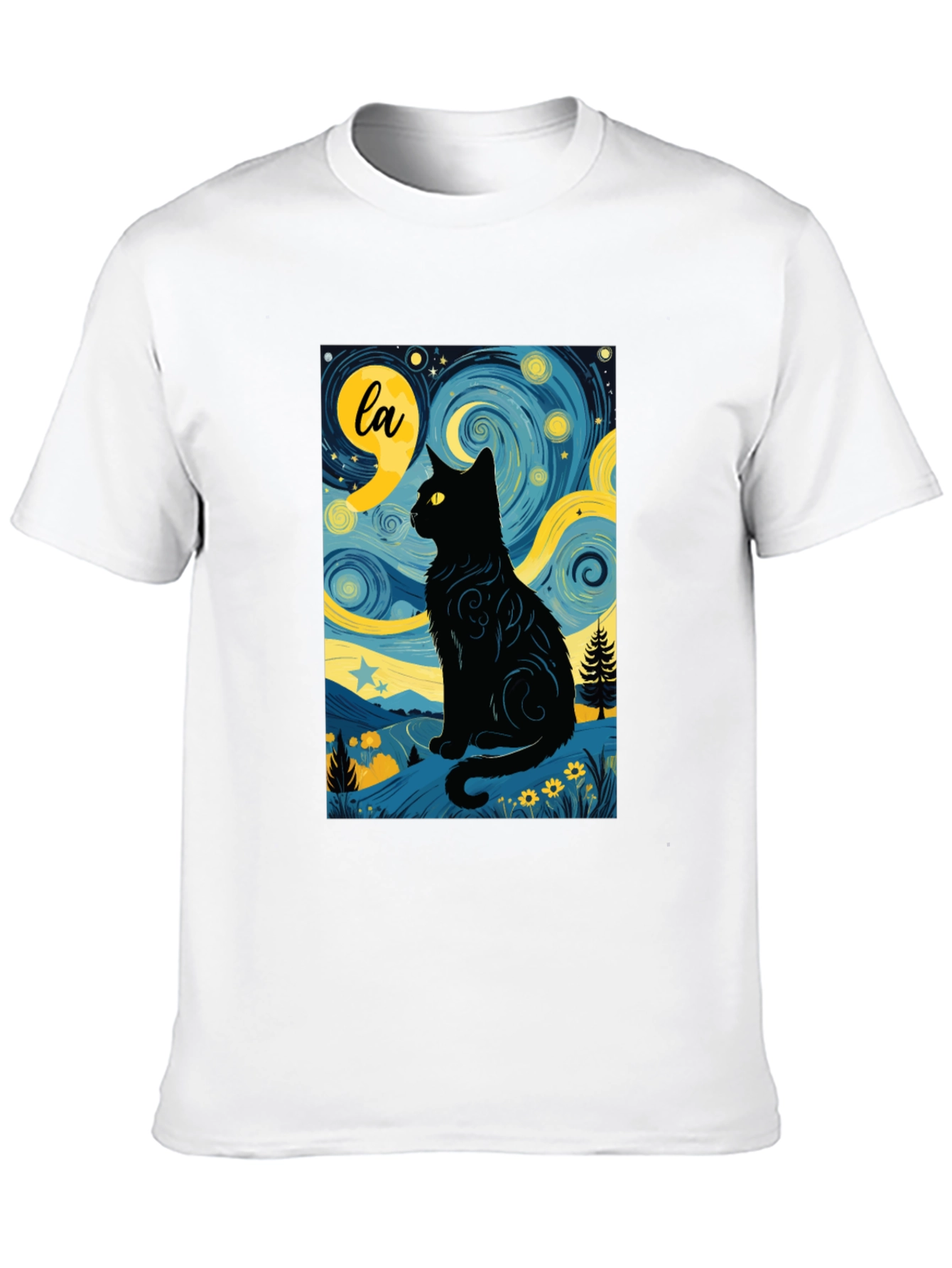 Starry Night Cat T-Shirt - Artistic Black Cat Design