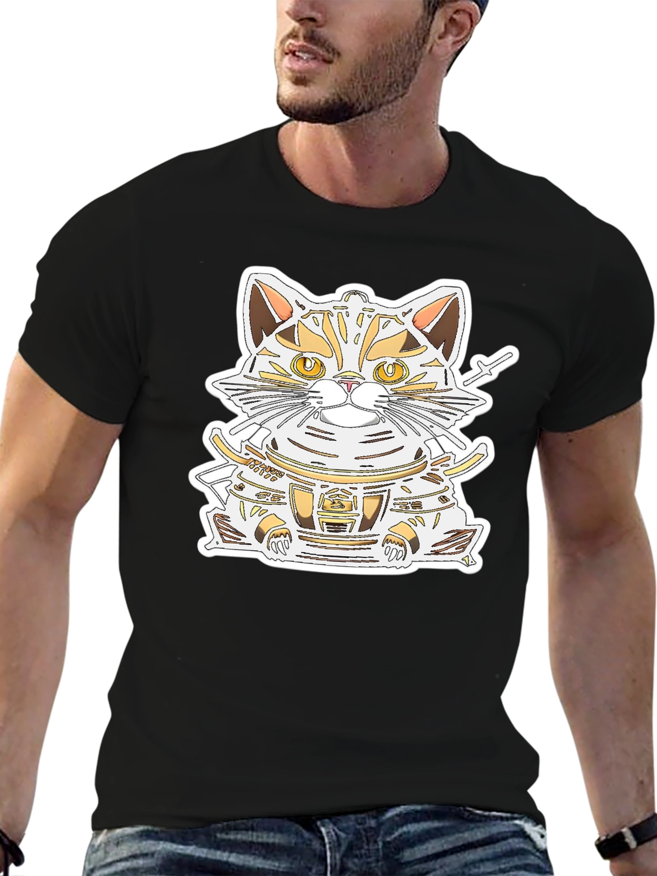 Samurai Cat Graphic Tee - Black Cotton Shirt