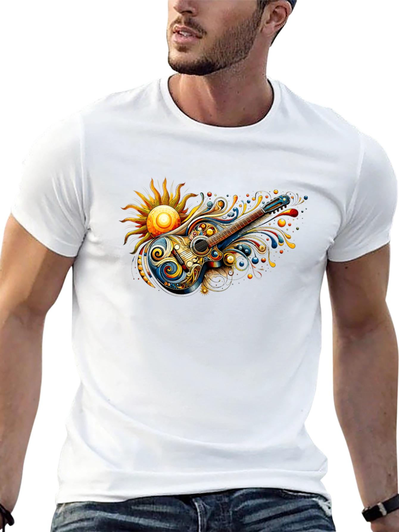 Psychedelic Guitar Sun Graphic Black T-Shirt