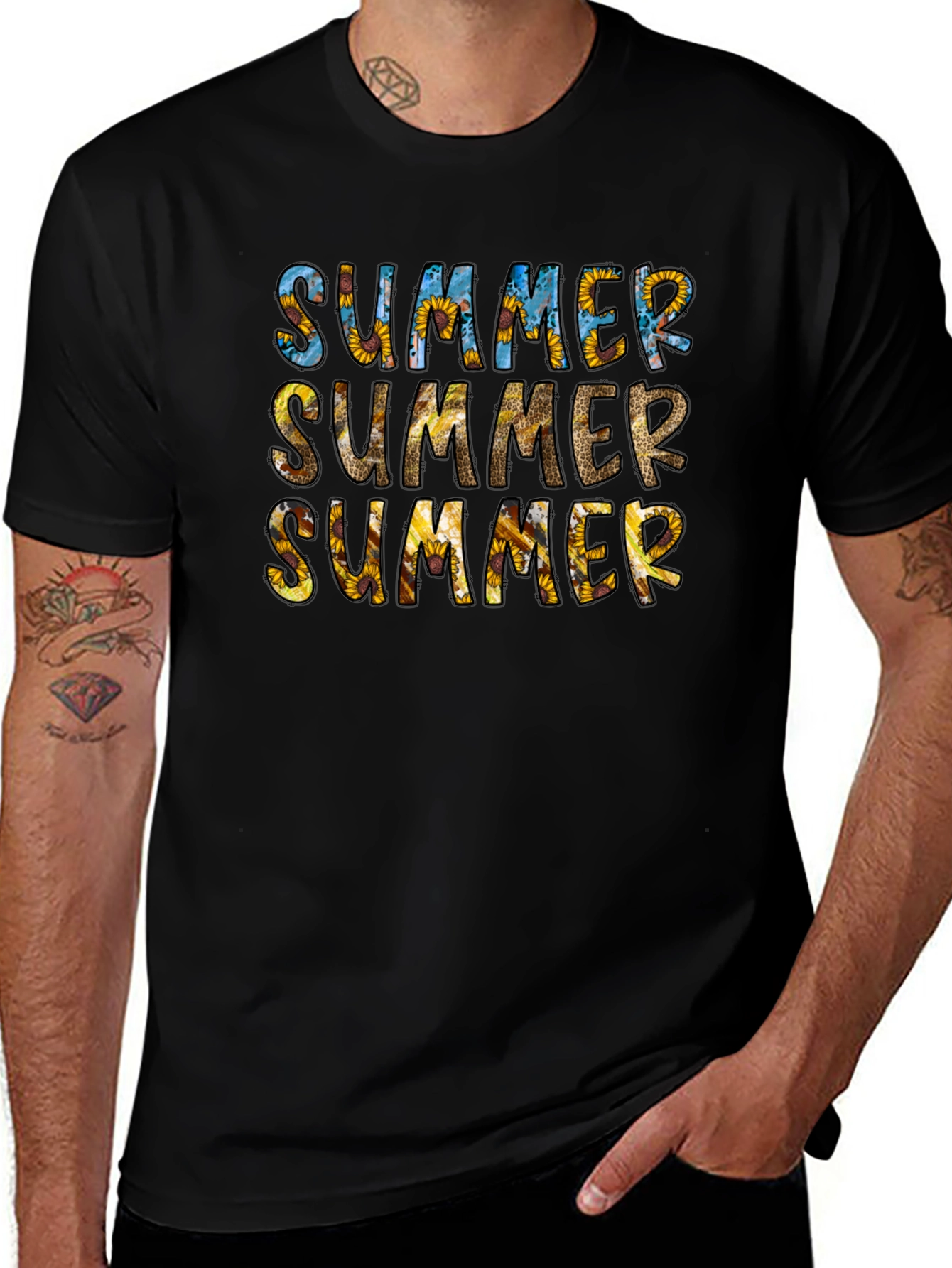 Summer Sunflower Print Black T-Shirt