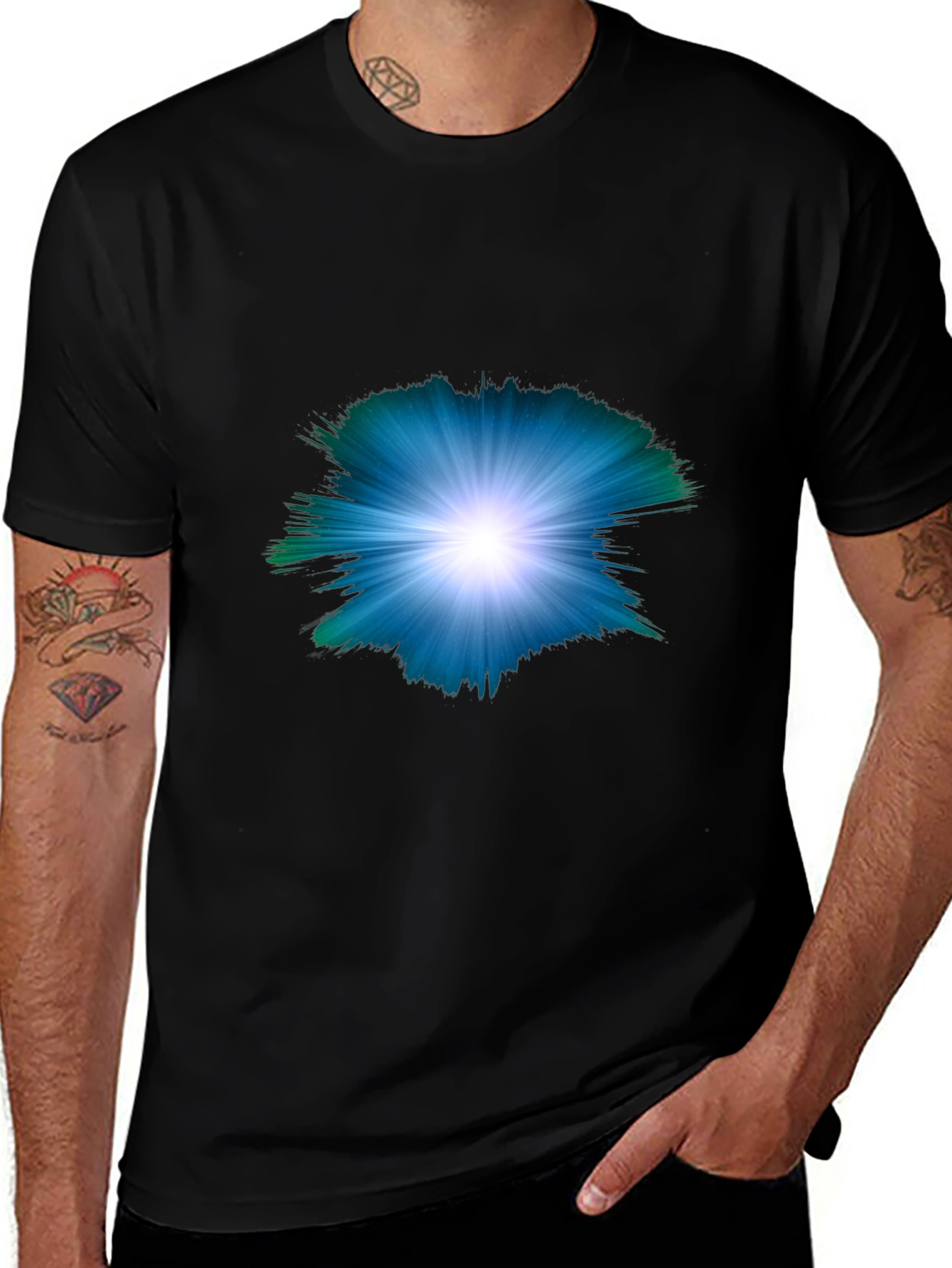 Mens Black T-shirt with Abstract Light Burst Design