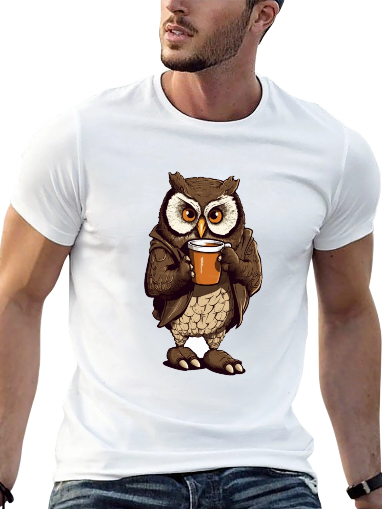 Owl with Coffee T-Shirt - Unique Design