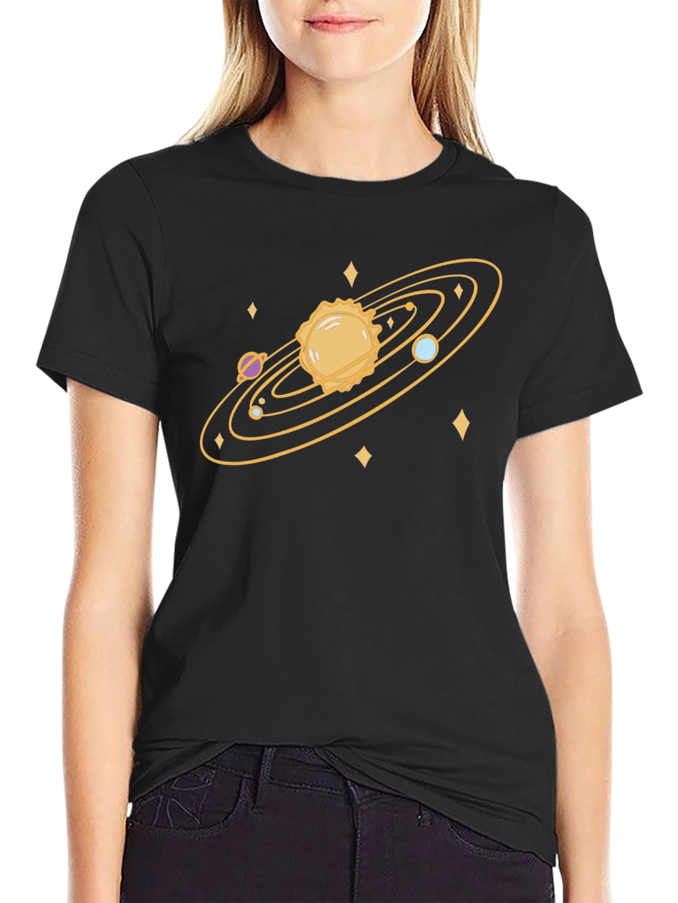 Cosmic Tee: Solar System Graphic Print Black T-Shirt