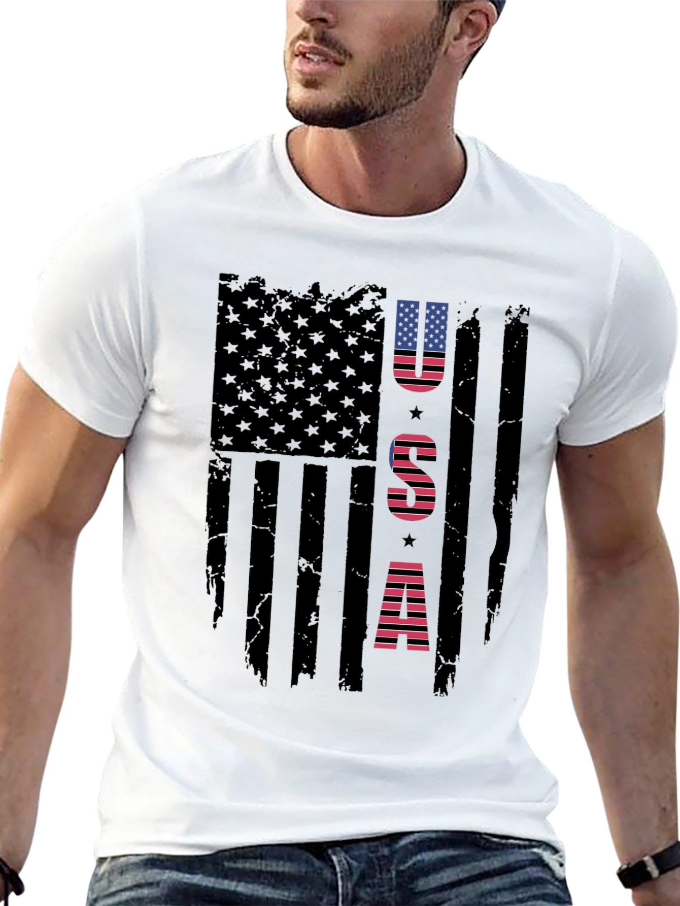 USA Flag Graphic Print Crew Neck T-Shirt
