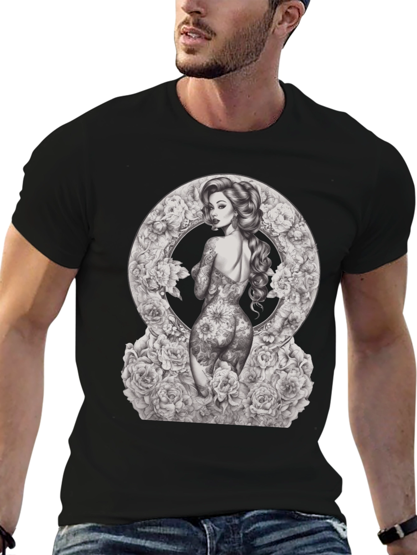Tattooed Woman Floral Circle Graphic T-Shirt