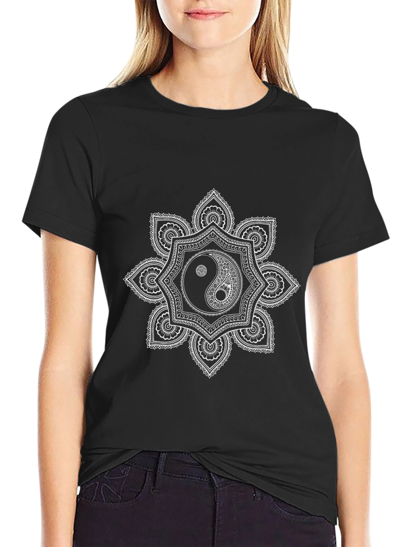 Yin Yang Mandala Graphic T-Shirt - Black Cotton Tee