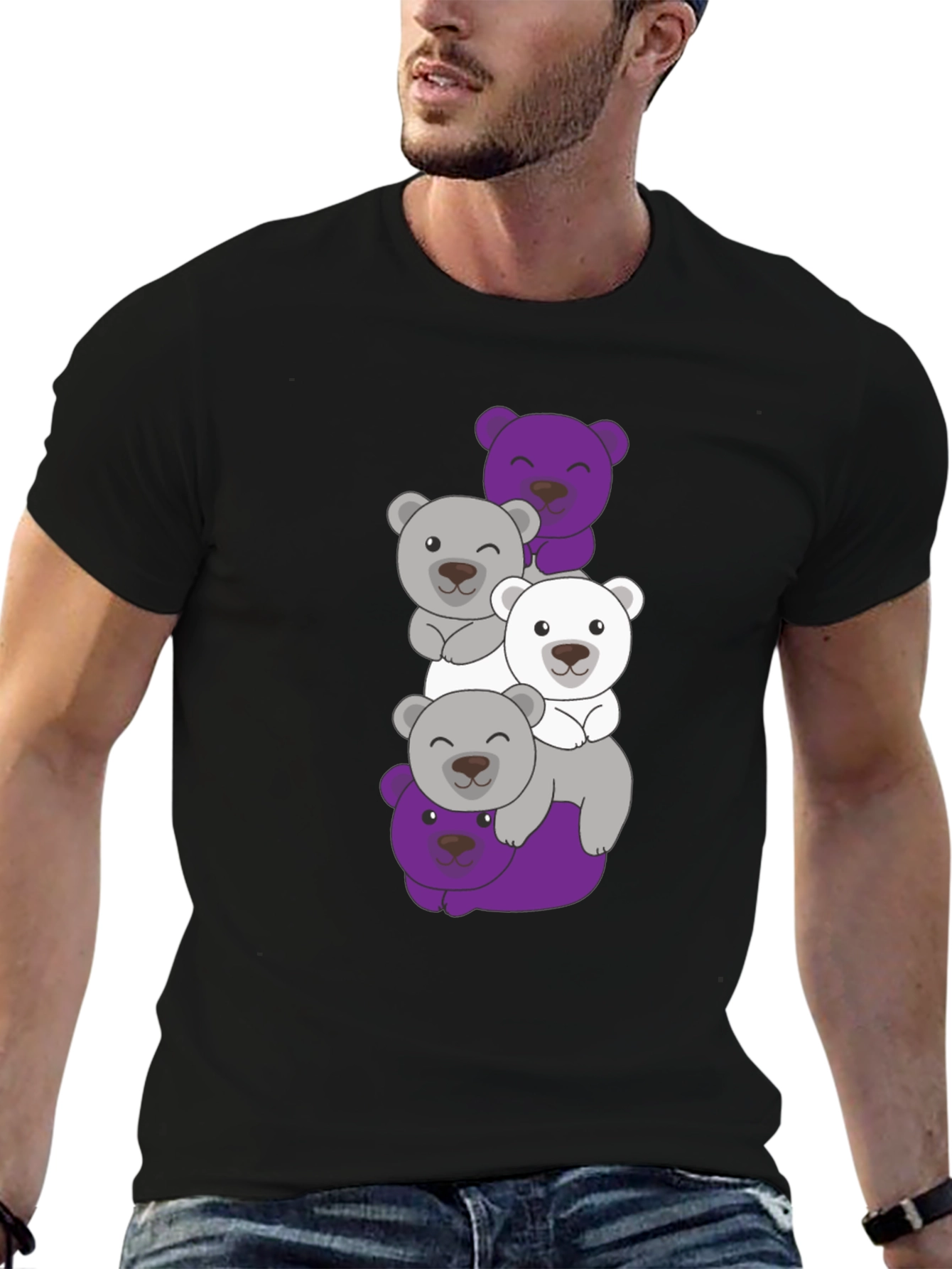 Stacked Bear Graphic Tee - Black Cotton Casual T-Shirt