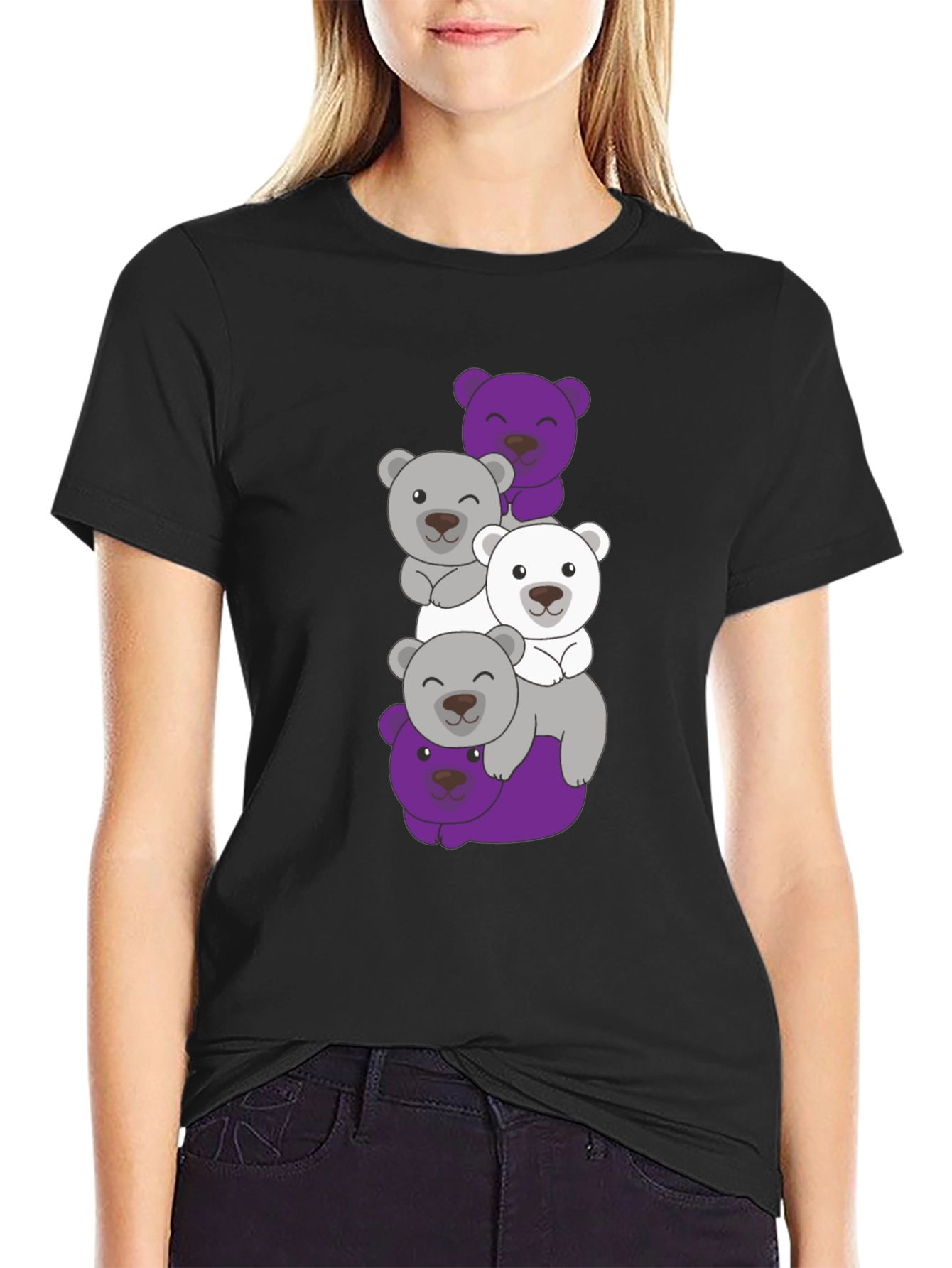 Stacked Bear Graphic Tee - Black Cotton Casual T-Shirt