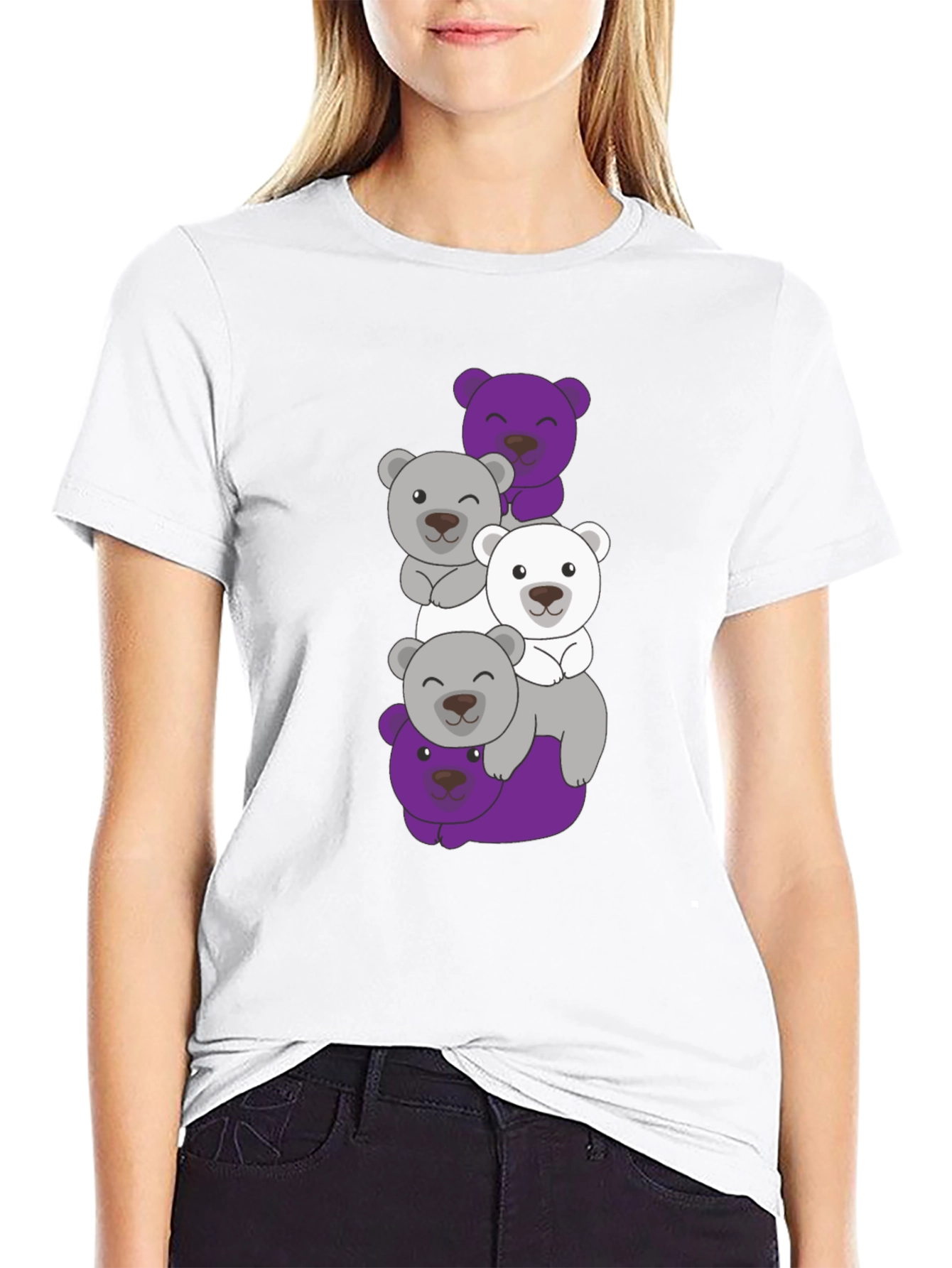 Stacked Bear Graphic Tee - Black Cotton Casual T-Shirt