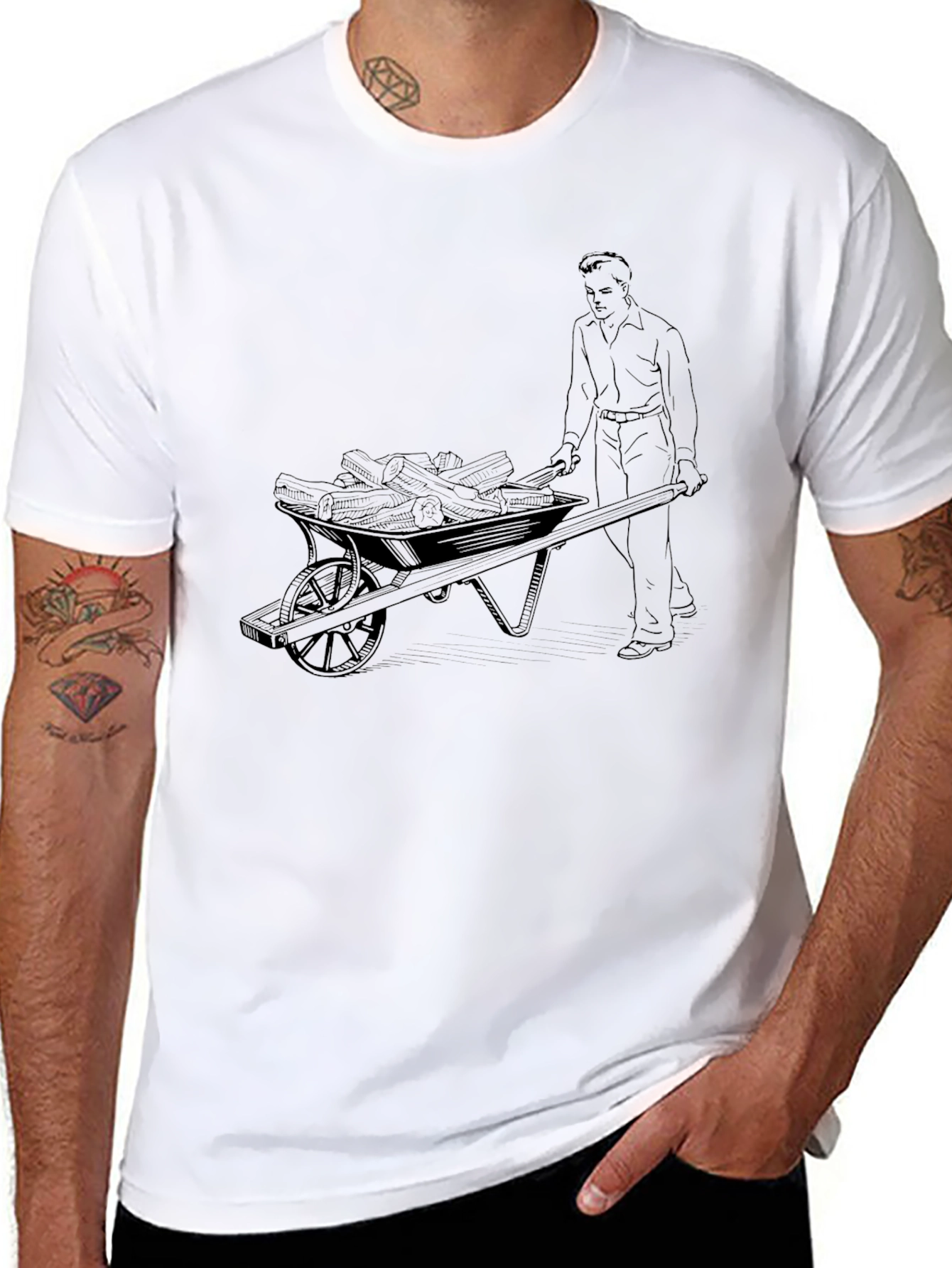 Black Graphic Tee - Man Pushing Wheelbarrow