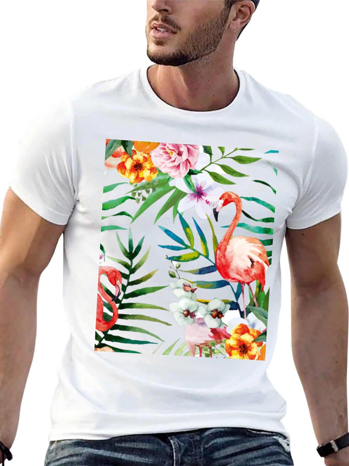 Tropical Flamingo Floral Black T-Shirt