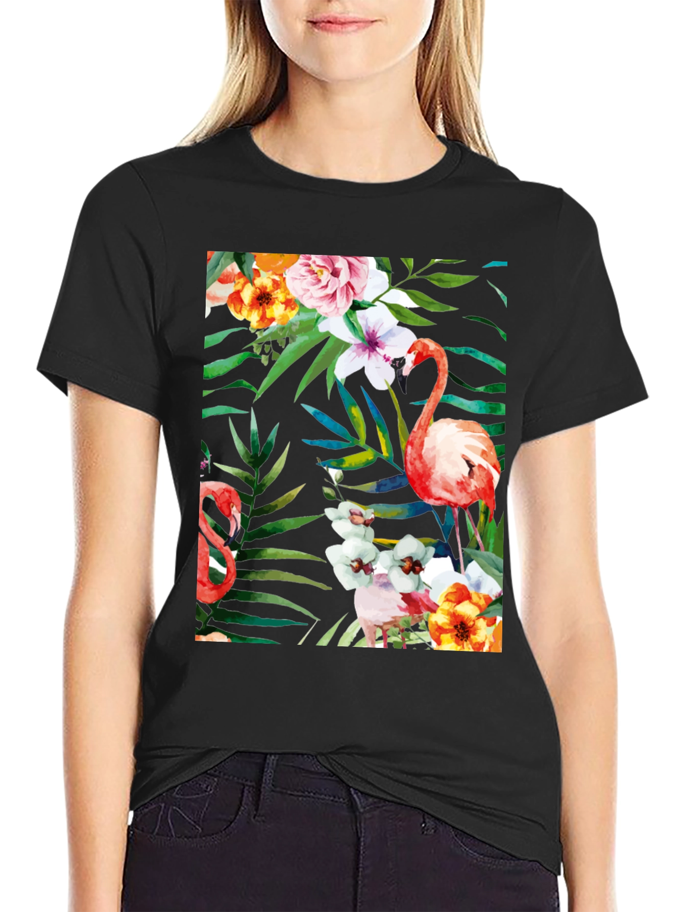 Tropical Flamingo Floral Black T-Shirt