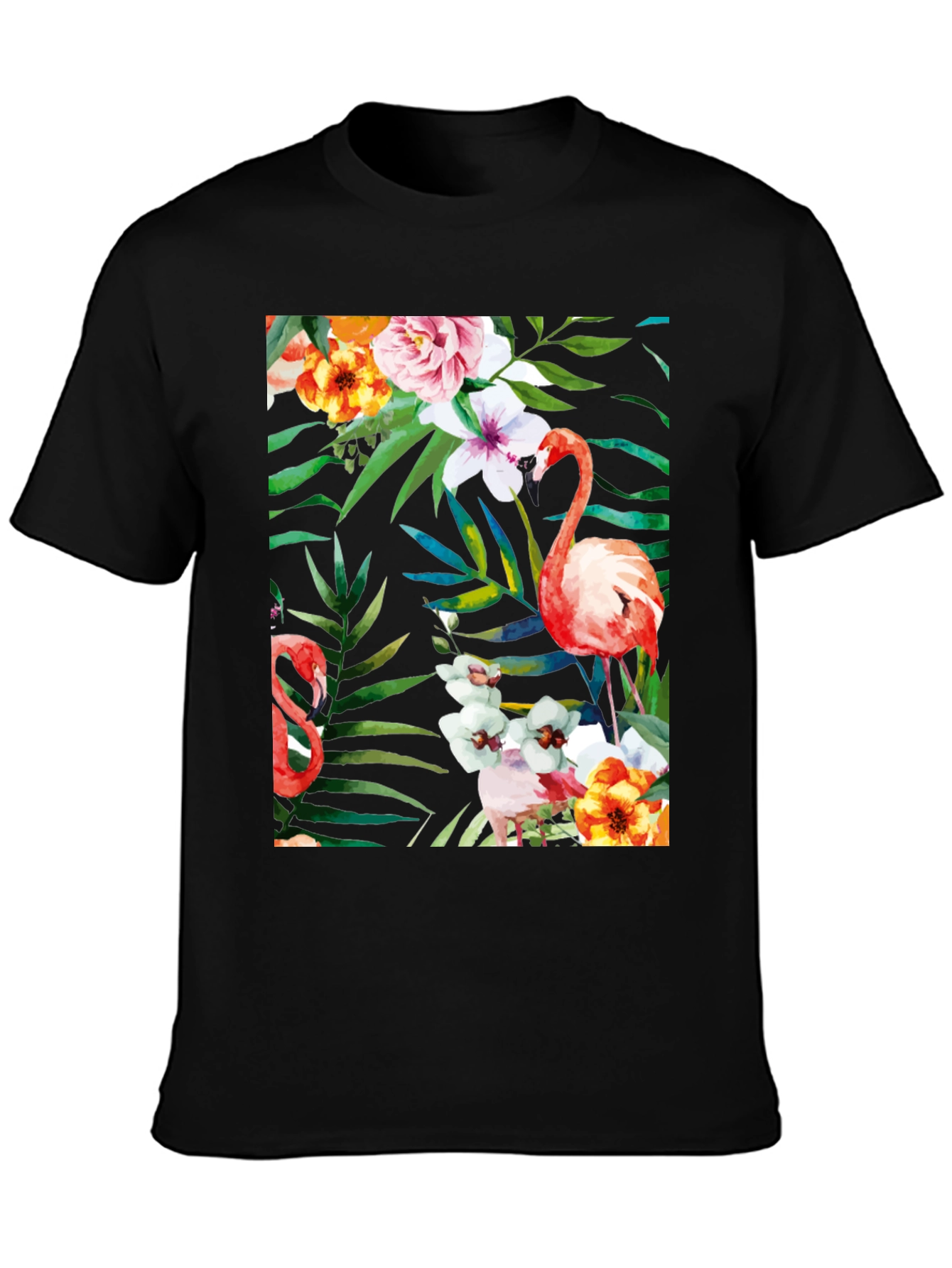 Tropical Flamingo Floral Black T-Shirt