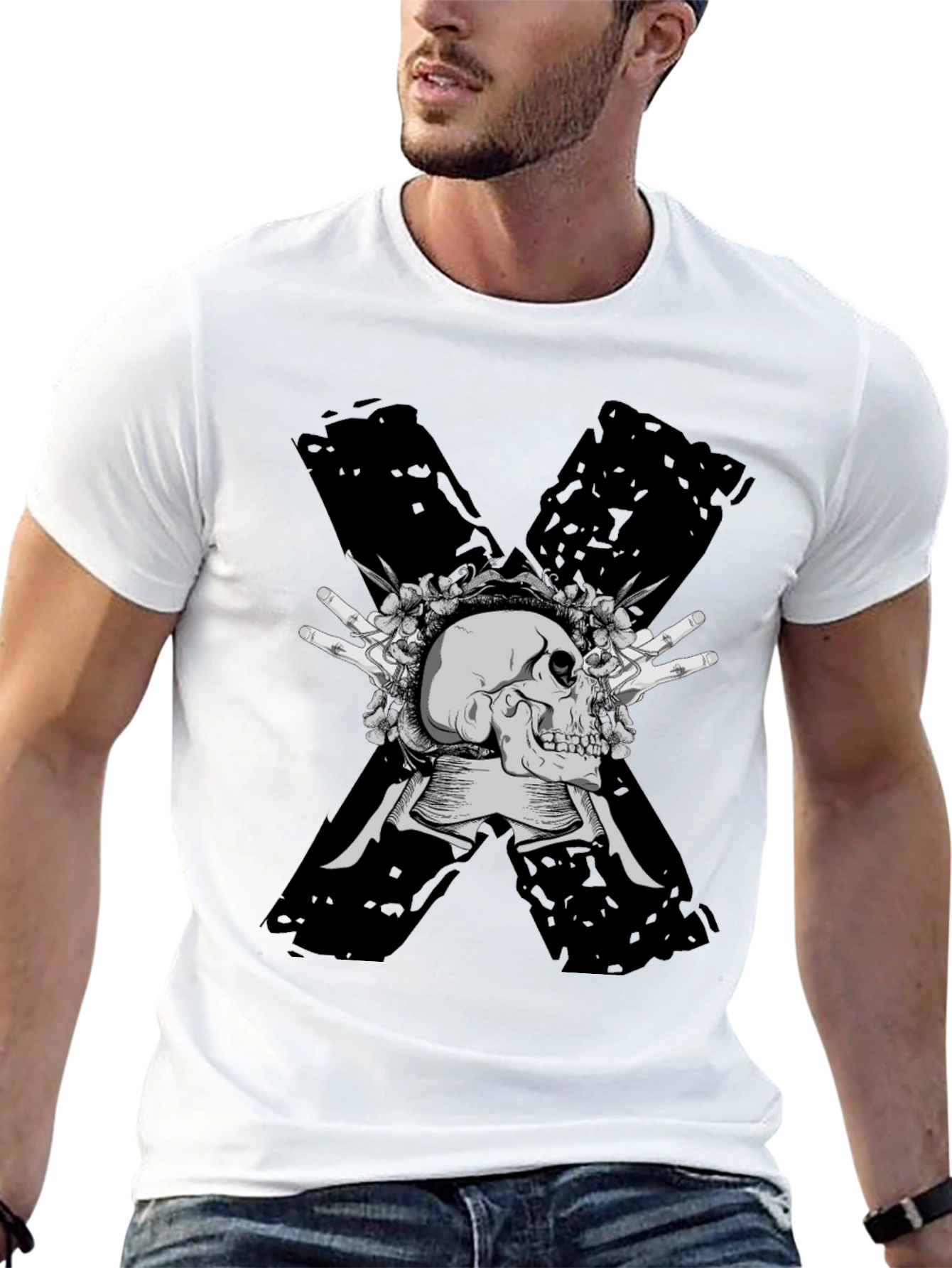 Skull & Flowers Graphic Tee - Bold X Design