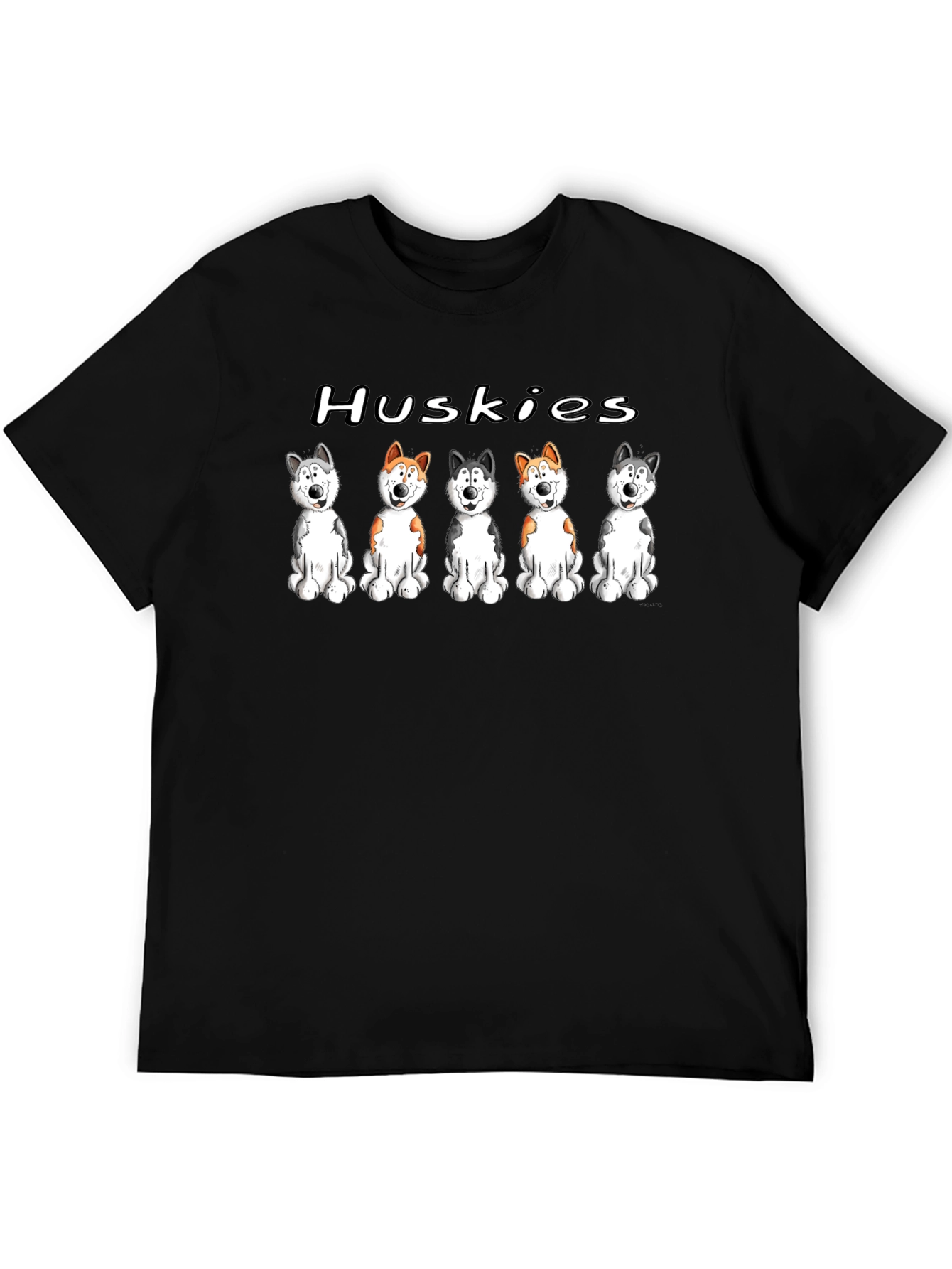 Husky Dog Cartoon Print Black T-Shirt