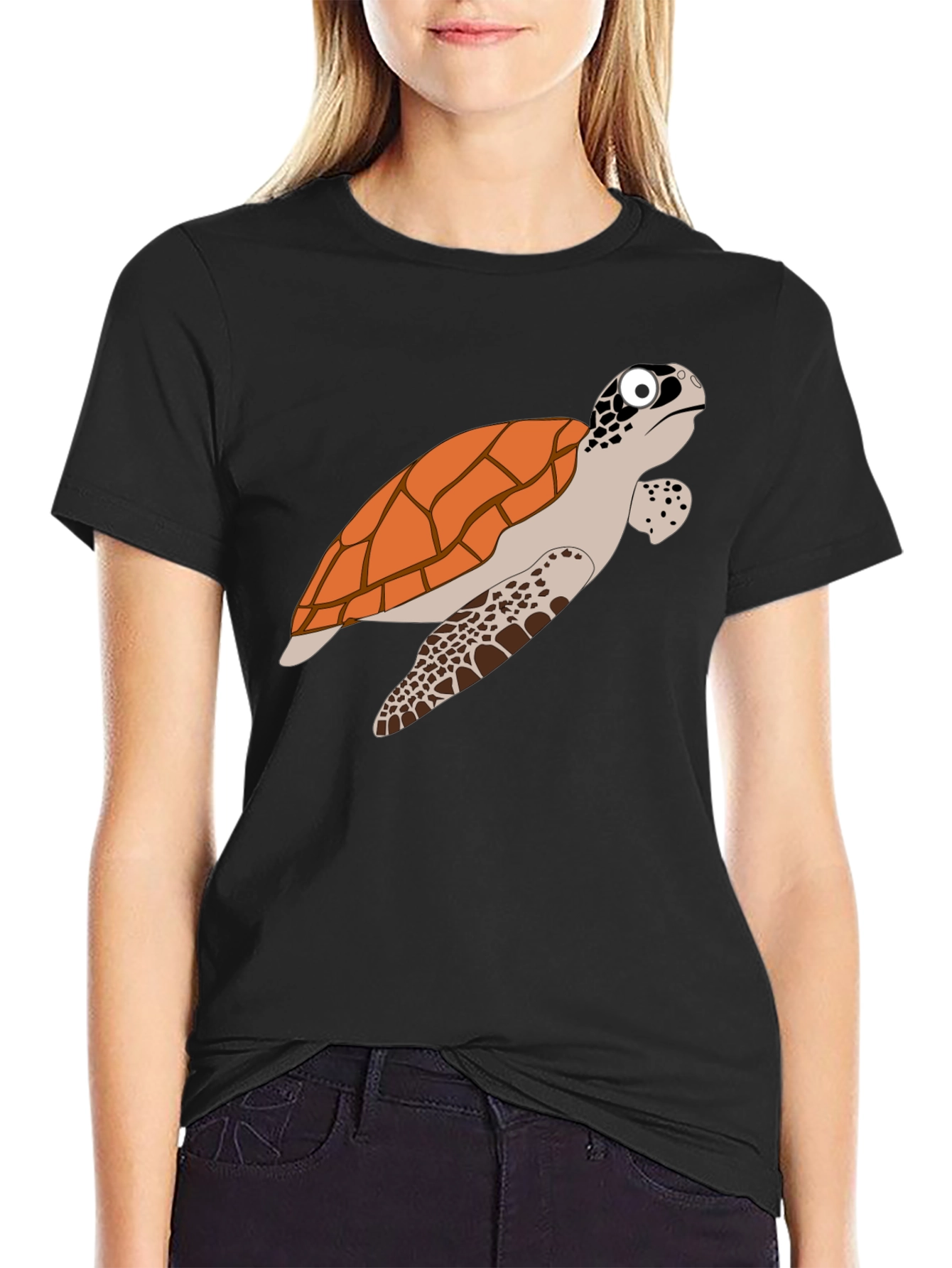 Cartoon Turtle Graphic Tee - Black Cotton T-Shirt