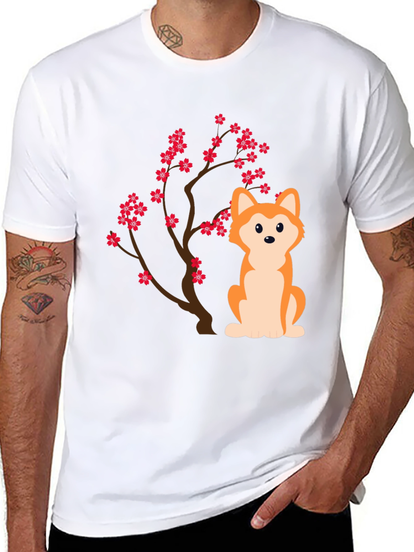 Dog & Cherry Blossom T-Shirt - Soft Cotton Blend